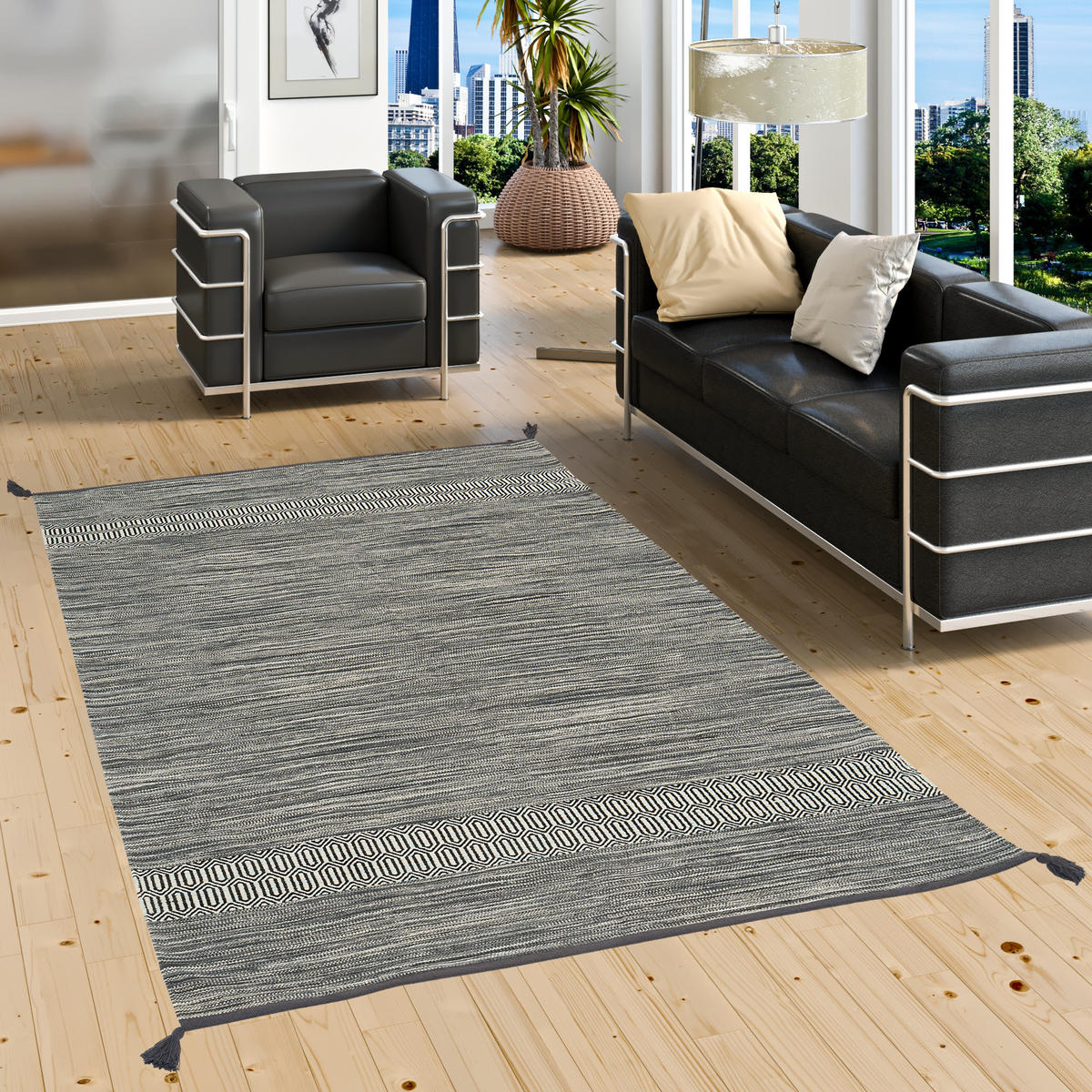 NATUR BAUMWOLLE TEPPICH KELIM TOSKANA - Grau, Textil (90/160cm) - Pergamon