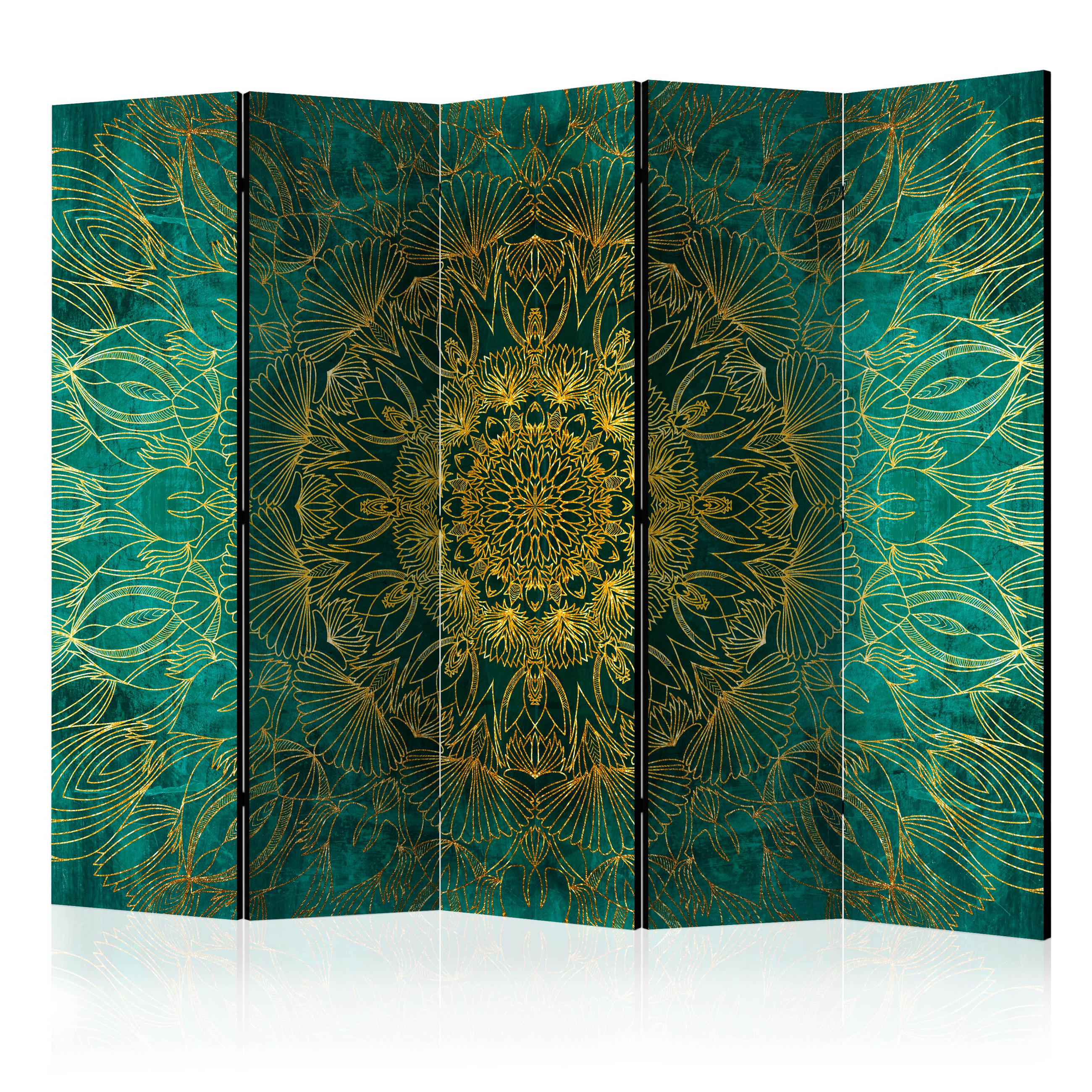 PARAVÁN Jednostranný 5-Dielny 225x172 cm Zlatá Mandala - zelená, drevo/textil (225/172/3cm) - Muralo