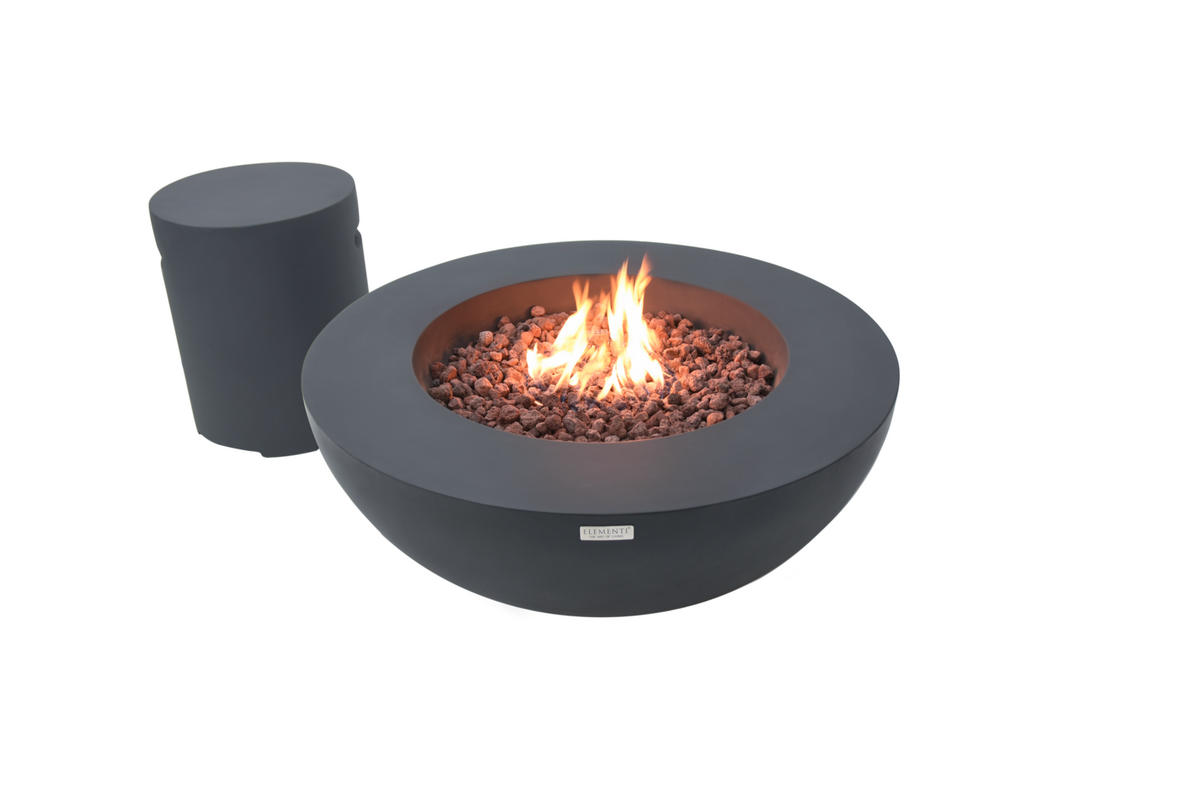 FEUERTISCH LUNAR BOWL Gasfeuerstelle aus GF-Beton - 4-tlg. Set inkl. Glasumrandung, Brennerabdeckung und Gasflaschen-Abdeckung - Dunkelgrau, Naturmaterialien (107/40/107cm) - Elementi