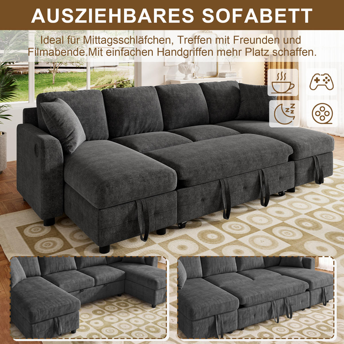 SOFA U Form Chenille Schlafsofa USB Type C Stauraum Grau - Dunkelgrau, Textil (260/82/128cm) - FLIEKS