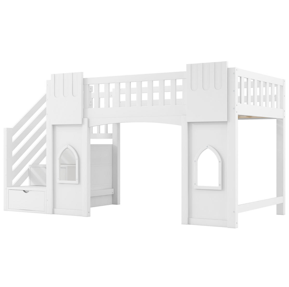 VYSOKÁ posteľ 90/200 cm biela z MDF a borovice s úložnými schodmi a oknami - biela, kompozitné drevo (90/200cm) - OKWISH