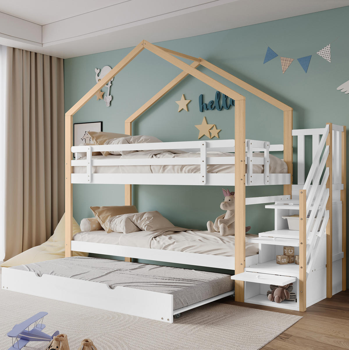 ETAGENBETT 90/200 & 90/190 cm mit Ausziehbett, Treppe mit 4 Schubladen und Absturzsicherung, Natur/Weiß - Weiß, Holz (90/200cm) - Redom