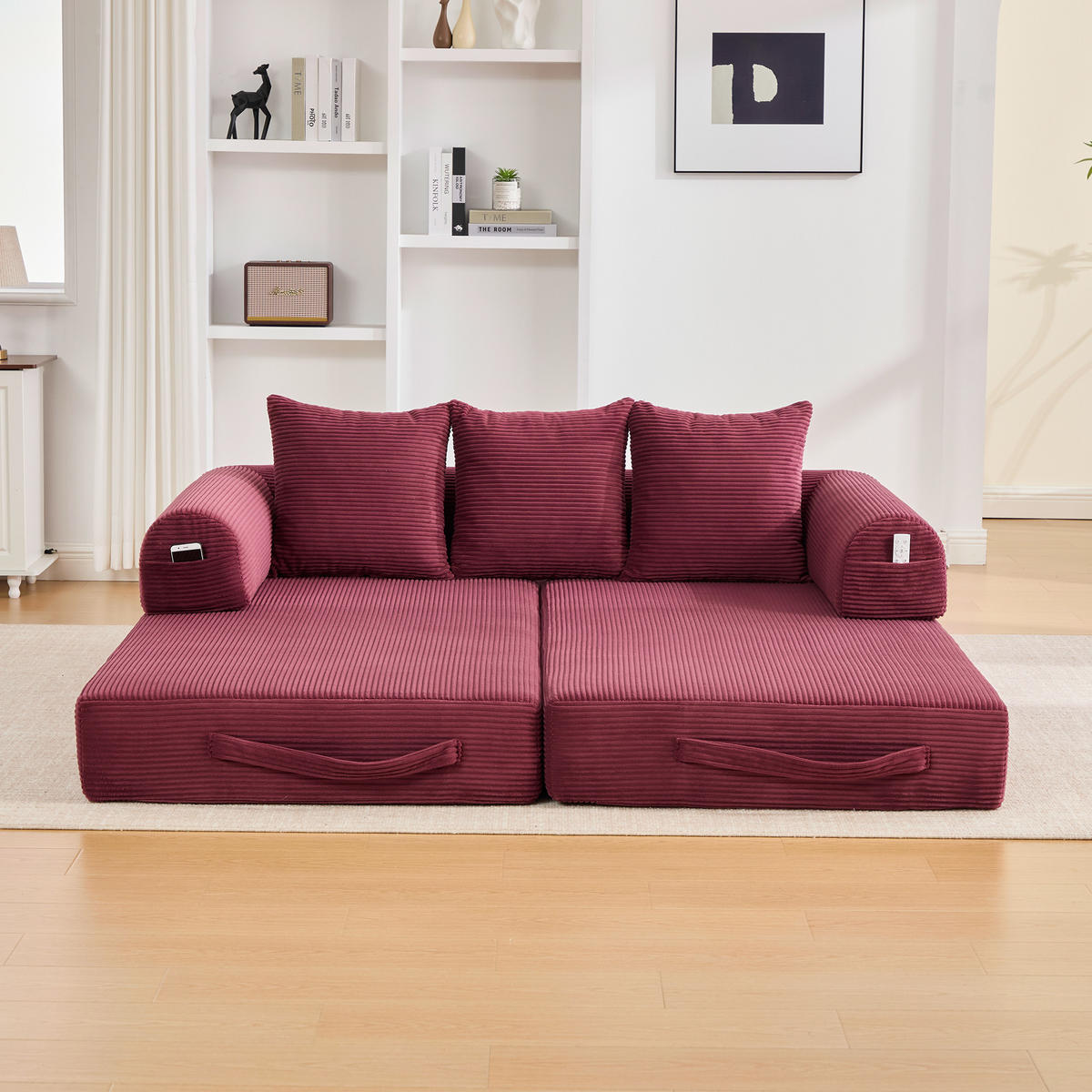 SCHLAFSOFA 200/94/67 cm Weinrot mit Seitentaschen plus und 3 Kissen - Weinrot, Textil (200/67/94cm) - Oxeza