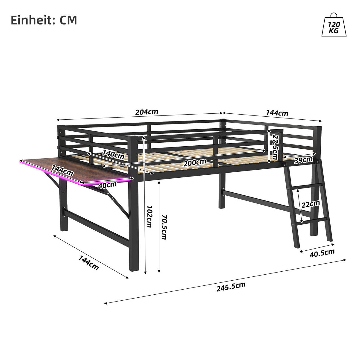 HOCHBETT 140/200 cm Schwarz mit Schreibtisch und LED-Beleuchtung - Schwarz, Metall (140/200cm) - OKWISH