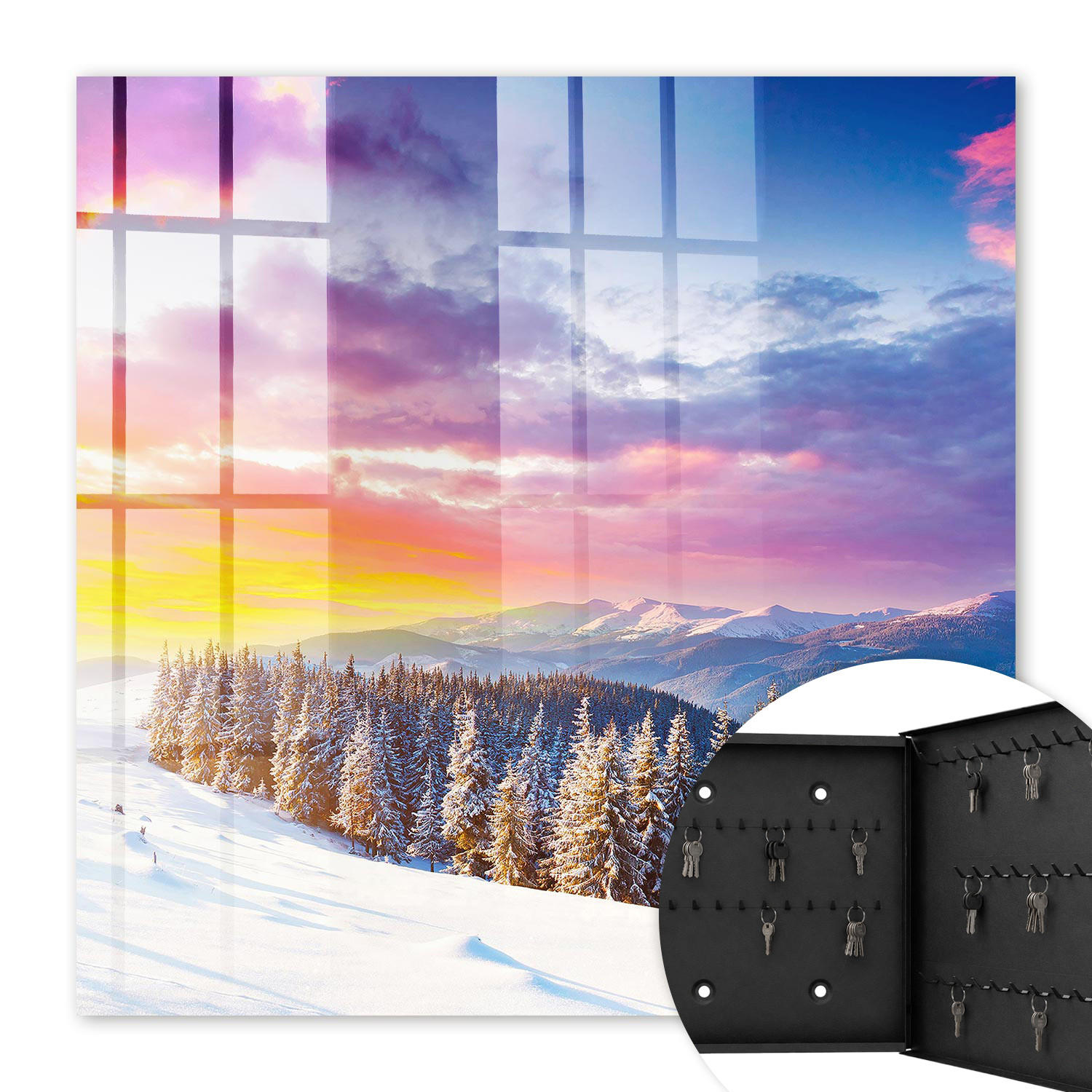 SCHLÜSSELBOX Schwarz 30x30 cm- Türöffnung nach rechts - Wintersonnenuntergang - Lila, Metall (30/30/5cm) - TULUP