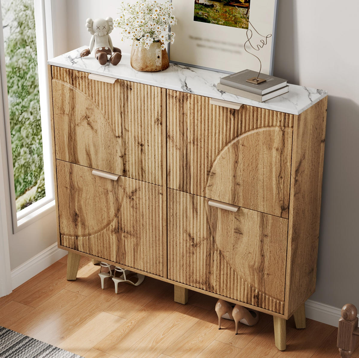 SCHUHSCHRANK 105/24/95,5 cm mit 4 Klapptüren, MDF in Holzoptik mit Platte in Marmoroptik, Natur - Naturfarben, Holzwerkstoff (105/95.5/24cm) - Redom