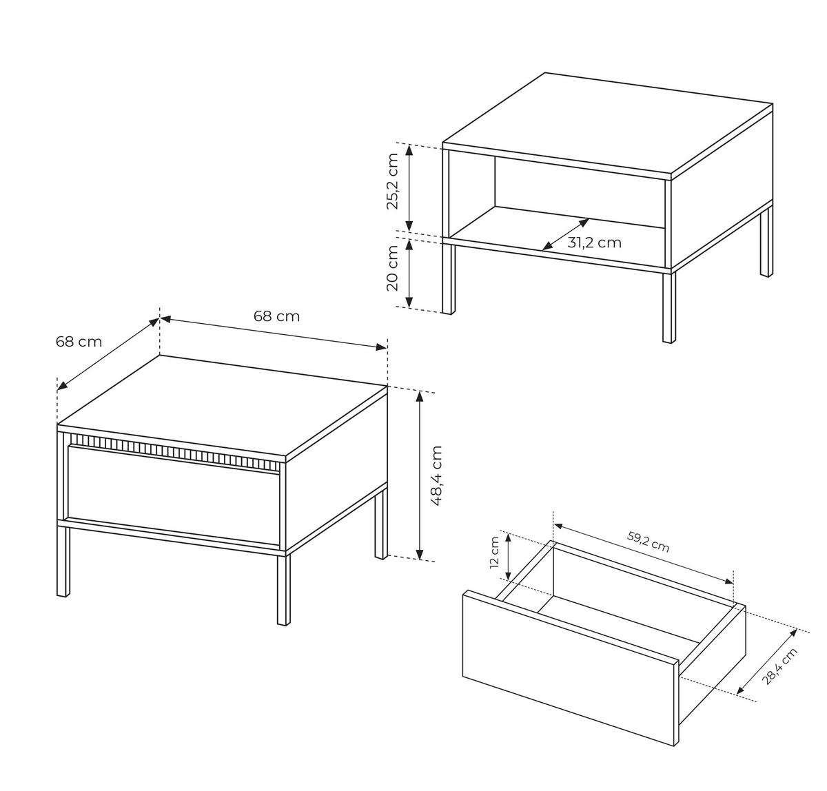 COUCHTISCH Trentinis 1S Schwarz 68/48,4/68 cm – Geriffelten Fronten - Schwarz, Holzwerkstoff/Metall (68/68/48.4cm) - AX Living
