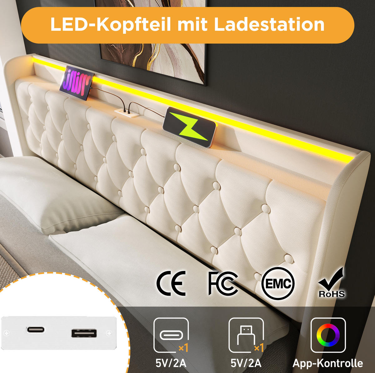 POLSTERBETT 140/200 cm mit LED-Beleuchtung, USB-C, hydraulischem Bettkasten und Matratze, Weiß - Weiß, Kunststoff (140/200cm) - Redom