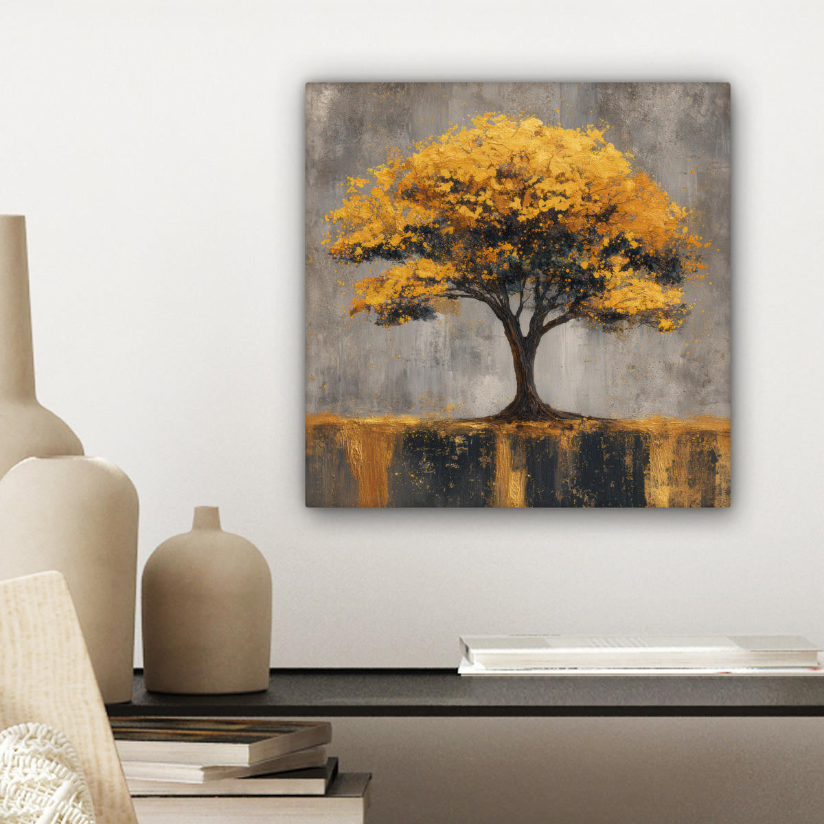 LEINWANDBILD Baum - Blätter - Gold - Abstrakt Deko Wohnzimmer 20x20 cm - Grau, Textil (20/20cm) - MuchoWow
