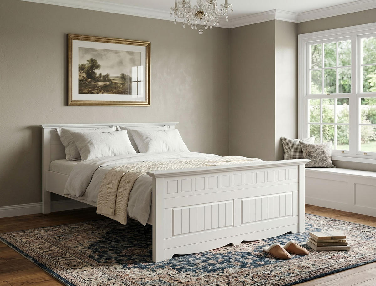 BETT Belluno Elegante Kiefer weiß lackiert 180 / 214 / 95cm - Weiß, Holz (160/200cm) - Feldmann-Wohnen