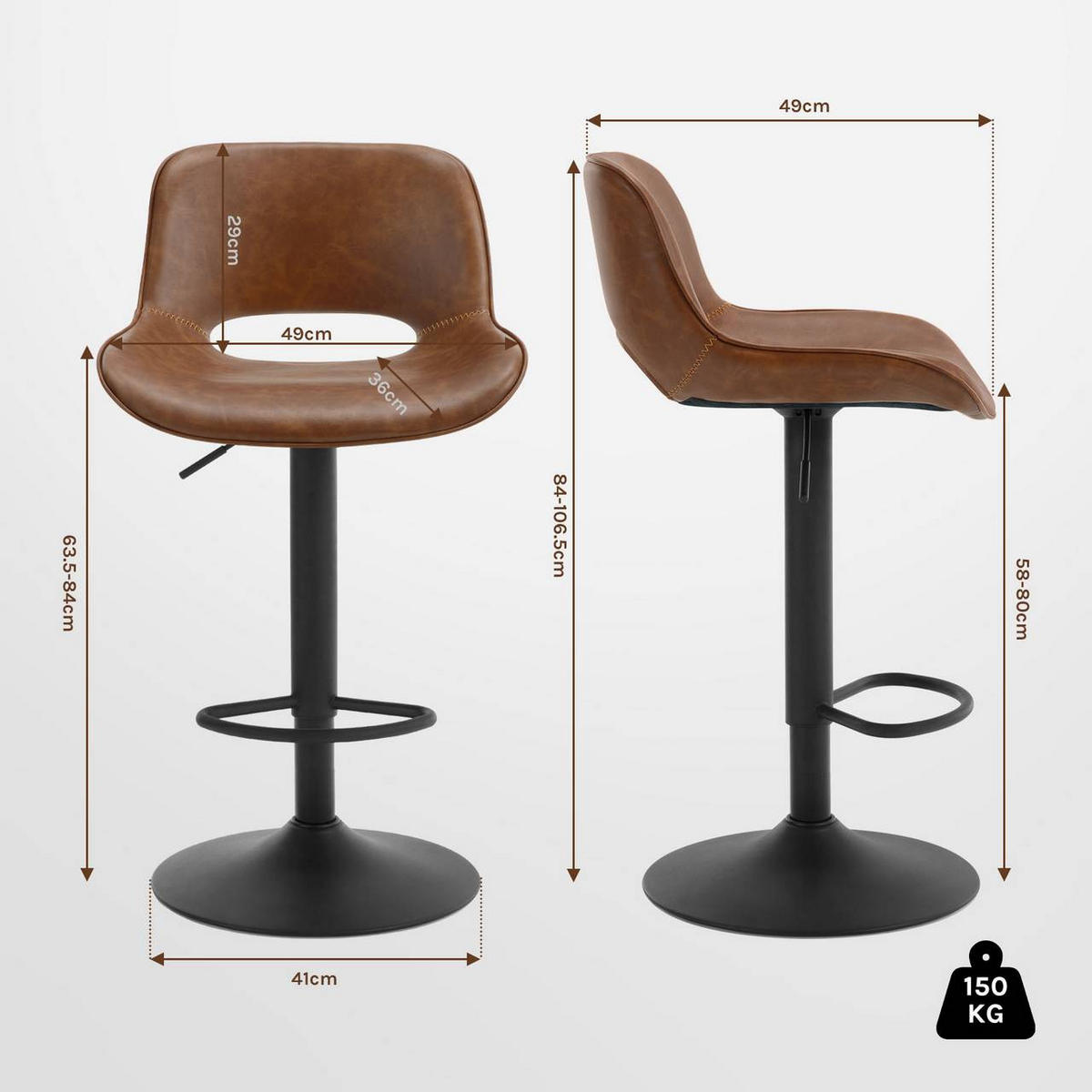 BARHOCKER 4er Set, Kunstleder Metall, Braun - Schwarz/Braun, Kunststoff/Metall (49/84/49cm) - Woltu