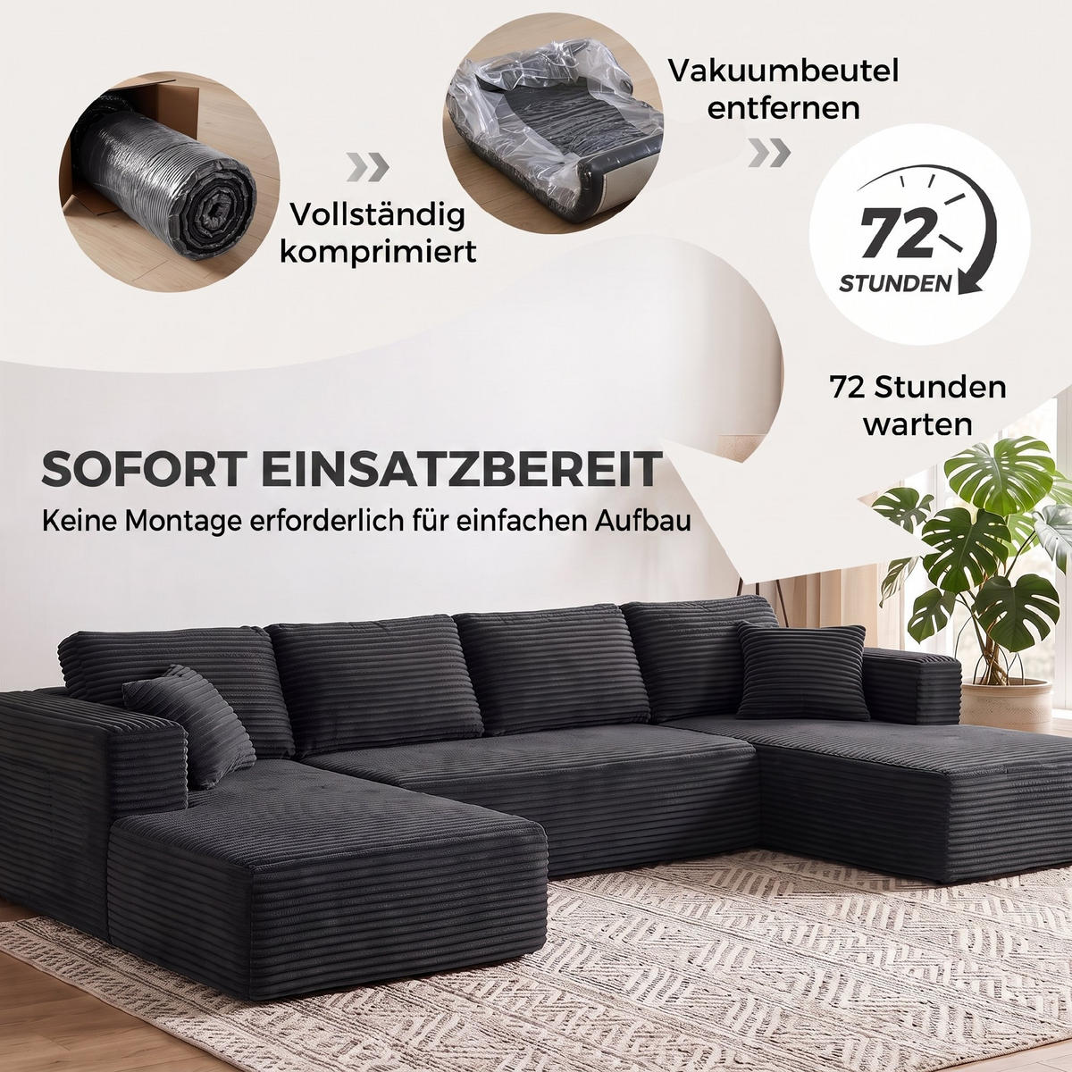 ECKSOFA Dunkelgrau 369.0/152.0/78.0 cm - Dunkelgrau, Textil (152/369cm)