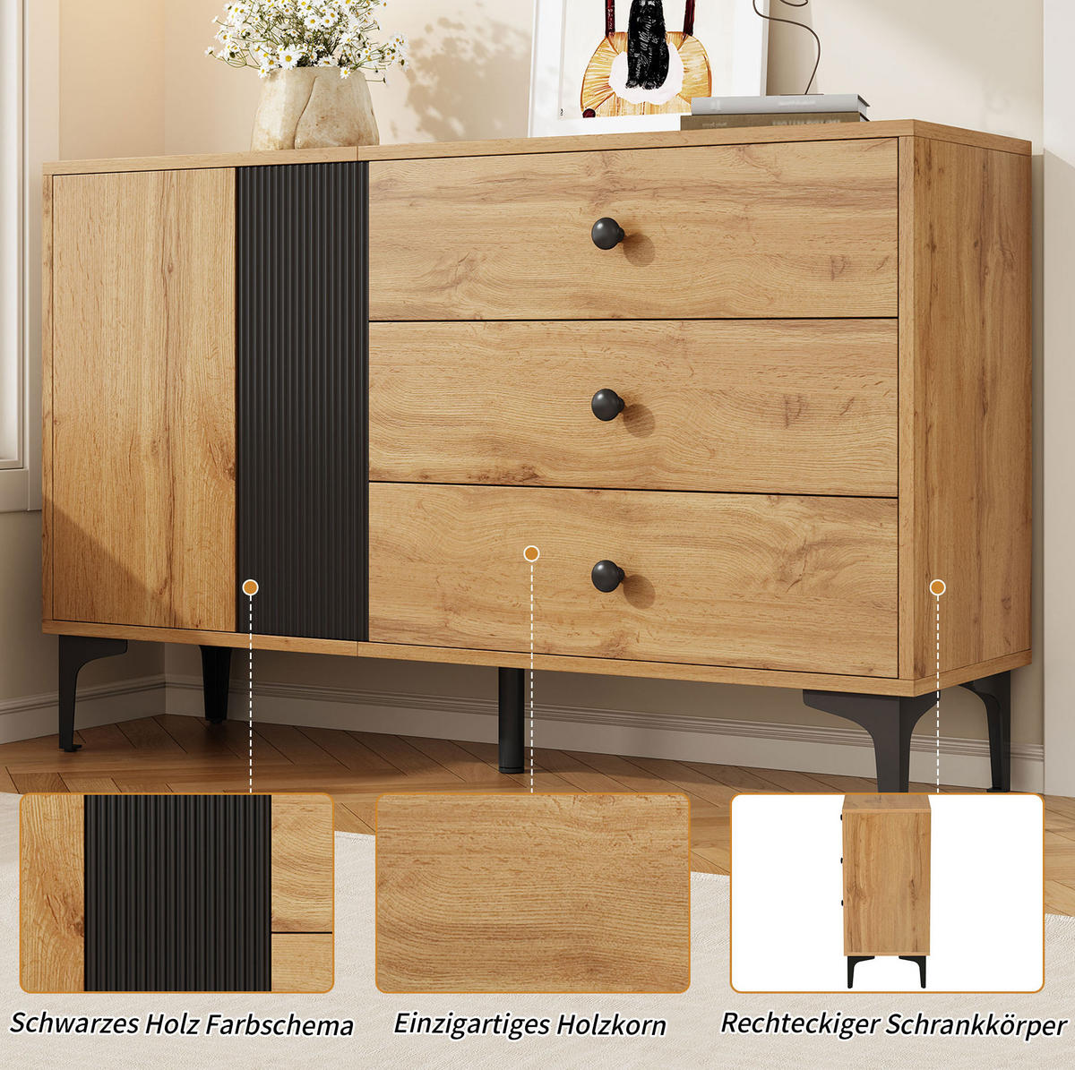 SIDEBOARD 120/35/76 cm aus Holzwerkstoff mit 1 Tür, 3 Schubladen und Metallfüßen Natur/Schwarz - Schwarz, Holzwerkstoff (120/76/35cm) - Modenvie
