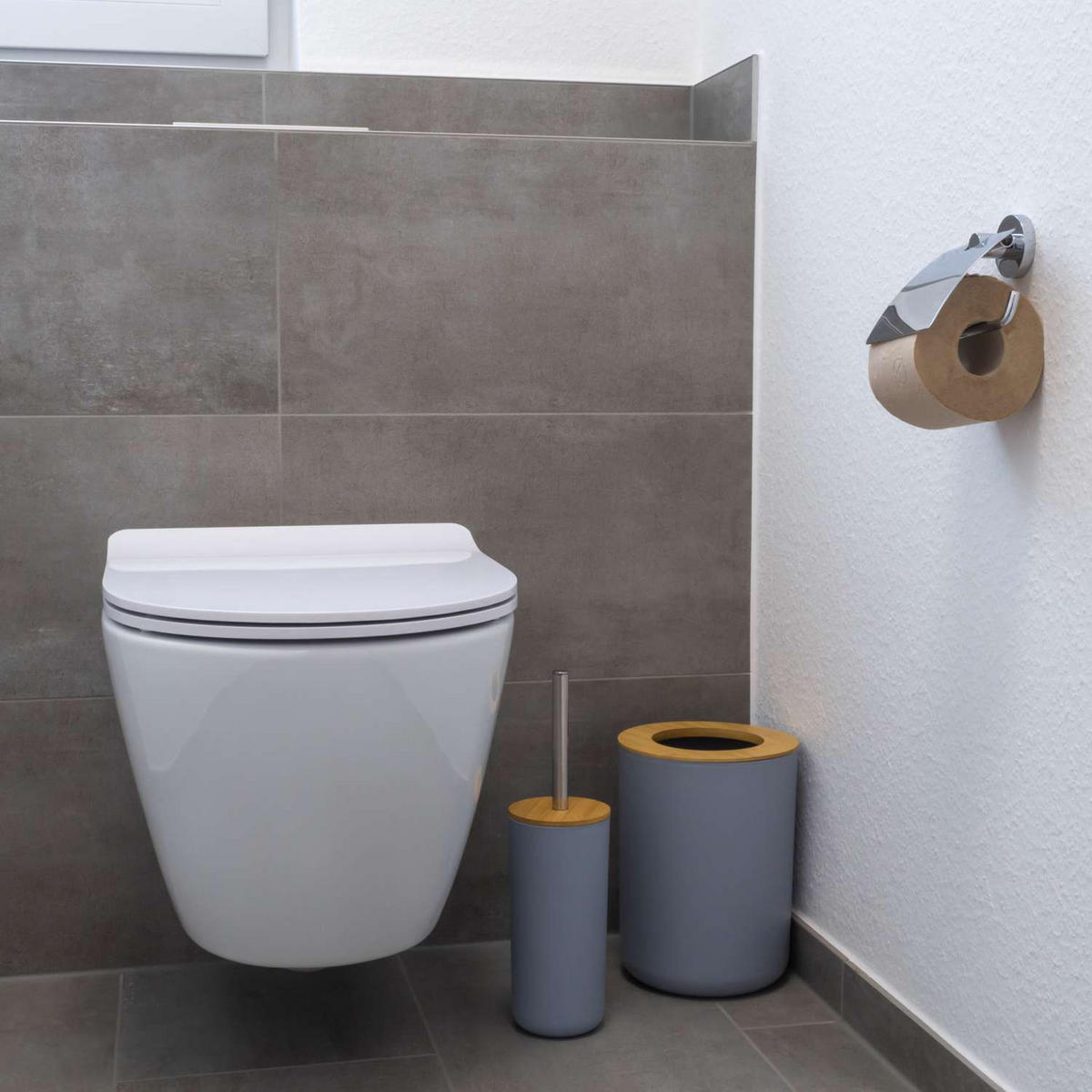 BADEZIMMER ZUBEHÖR SET (6-tlg.) mit Zahnputzbecher Seifenschale Seifenspender Toilettenbürste - Grau, Naturmaterialien (19.5/26/19.5cm) - Intirilife