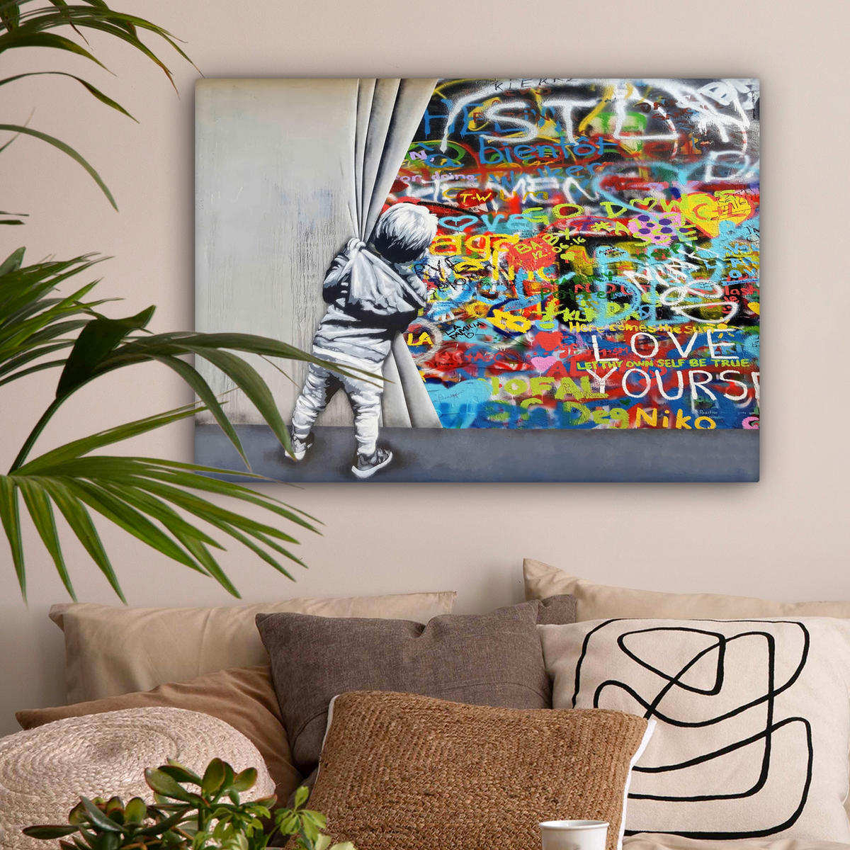 LEINWANDBILD Graffiti - Junge - Ilussie - Straßenkunst Wandbilder 80x60 cm - Hellgrau, Textil (80/60cm) - MuchoWow