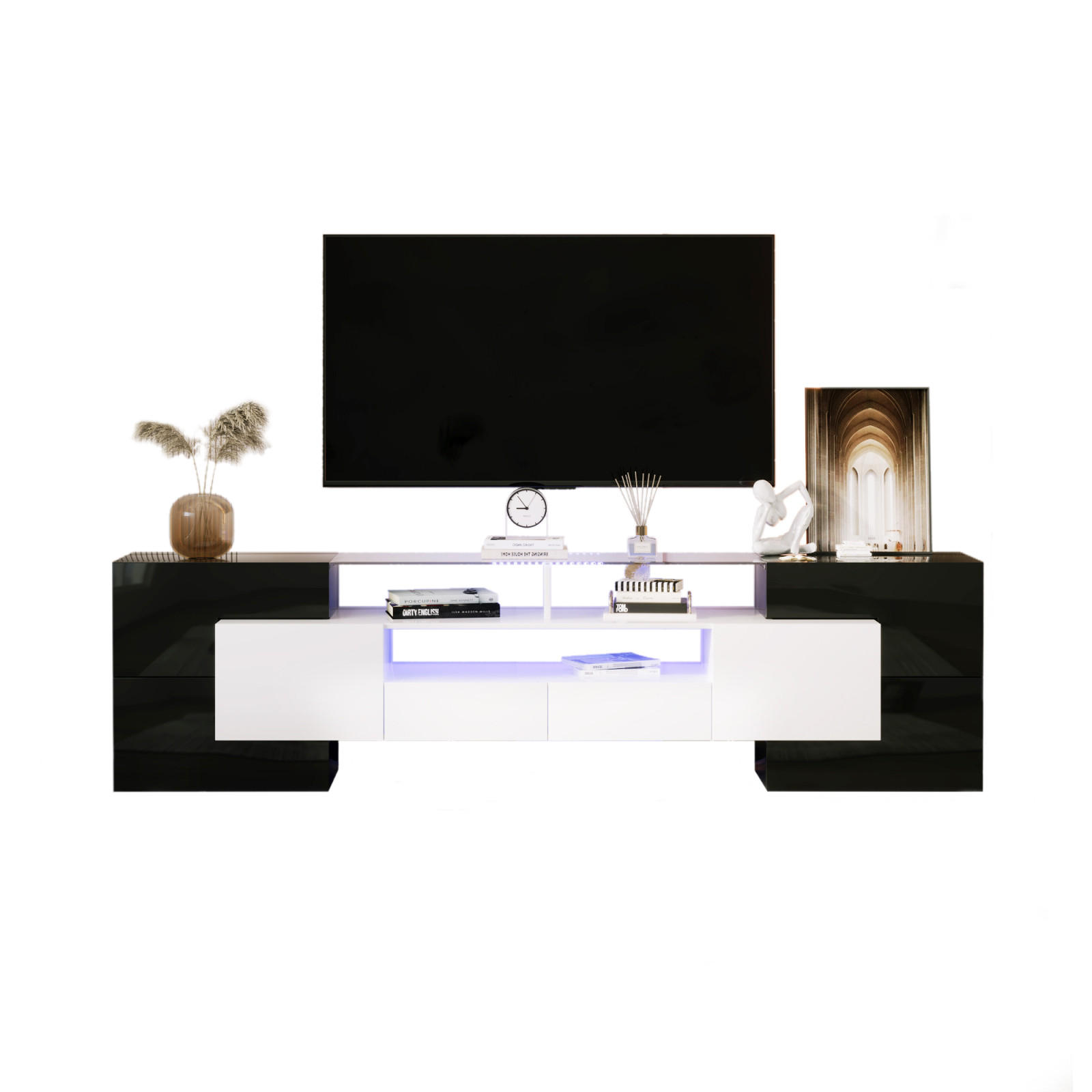 TV Lowboard LED, viel Stauraum, Schwarz Weiß - Schwarz, Holz (200/60/30cm)