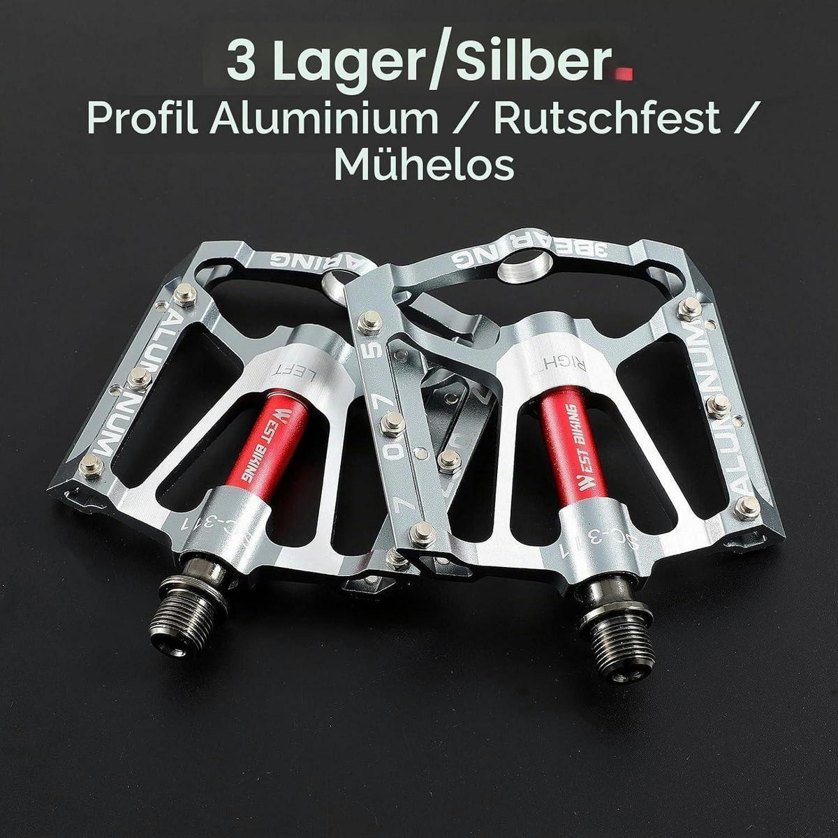 FAHRRADPEDALE Aluminium rutschfest 9/16 Zoll MTB E-Bike - Silberfarben, Metall (10/1.4/10cm)