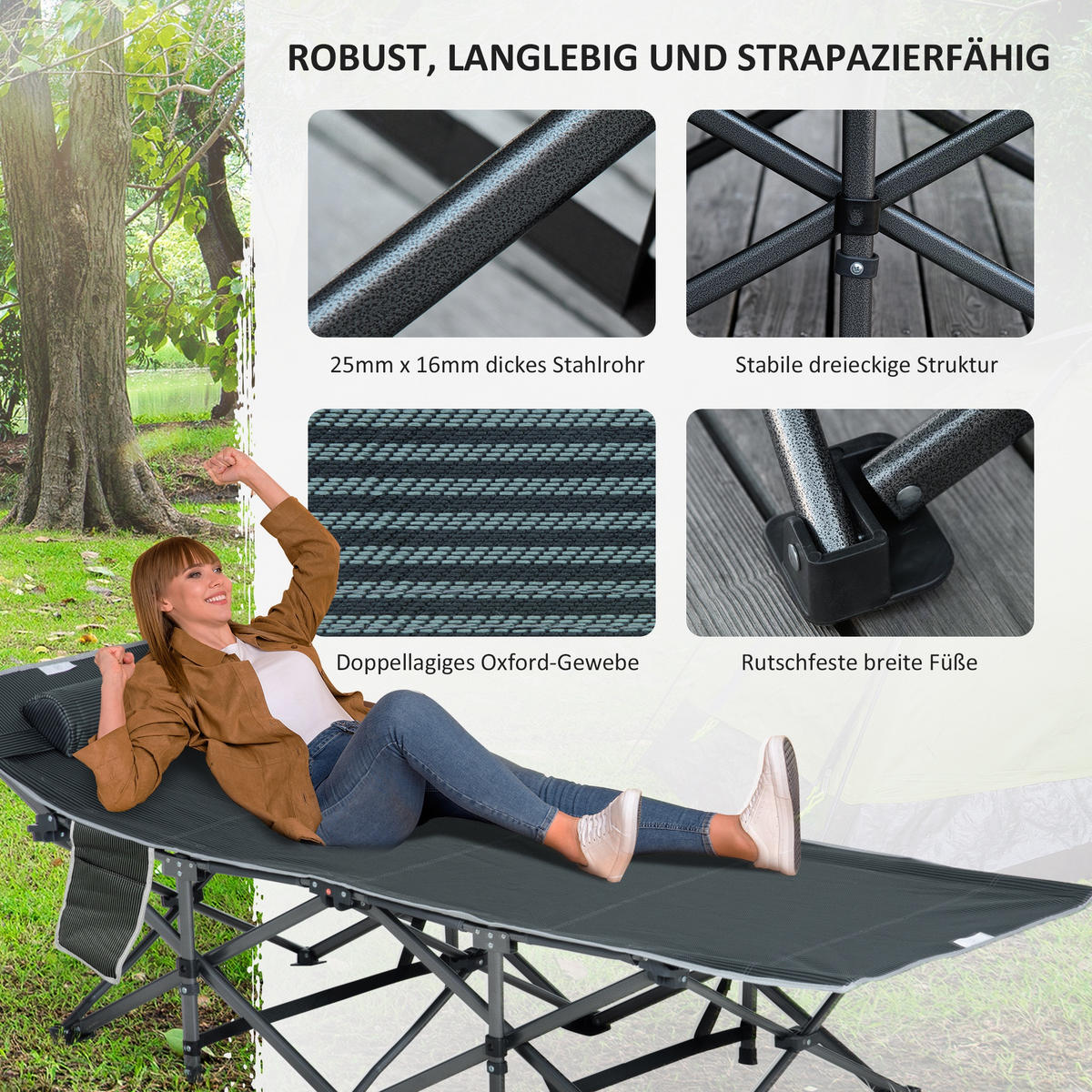 SONNENLIEGE Klappbare Liege mit Kopfkissen Grau - Grau, Metall (64.5/53/188cm) - ComfortXL