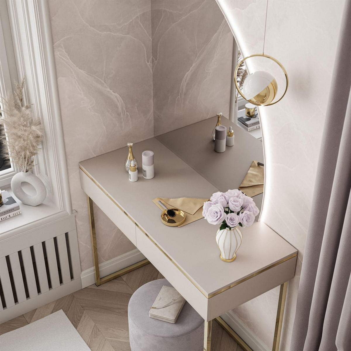 SCHMINKTISCH AURORA-Q GOLD auf goldenem Gestell mit rechts Spiegel - Kaschmir/Goldfarben, Holzwerkstoff/Metall (102/174/44cm) - Lookway