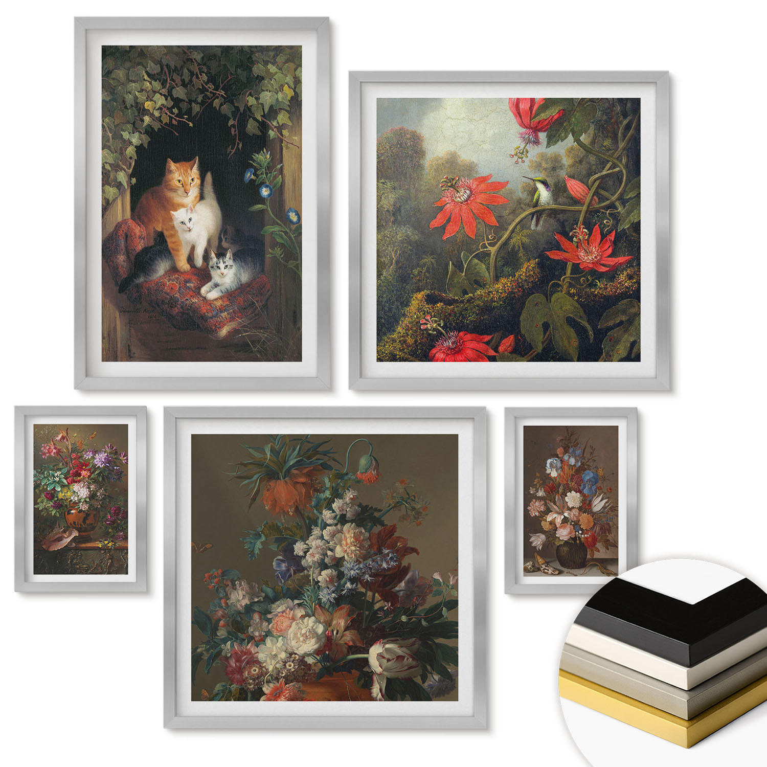 WANDBILDER 5er Set - 50x50 cm & 20x30 cm & 40x60 cm Silberner Rahmen - Vintage-Blumen, Katzen, Pflanzen - Silberfarben, Kunststoff (40/60cm) - ArtPrintCave
