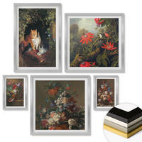 WANDBILDER 5er Set - 50x50 cm & 20x30 cm & 40x60 cm Silberner Rahmen - Vintage-Blumen, Katzen, Pflanzen - Silberfarben, Kunststoff (40/60cm) - ArtPrintCave