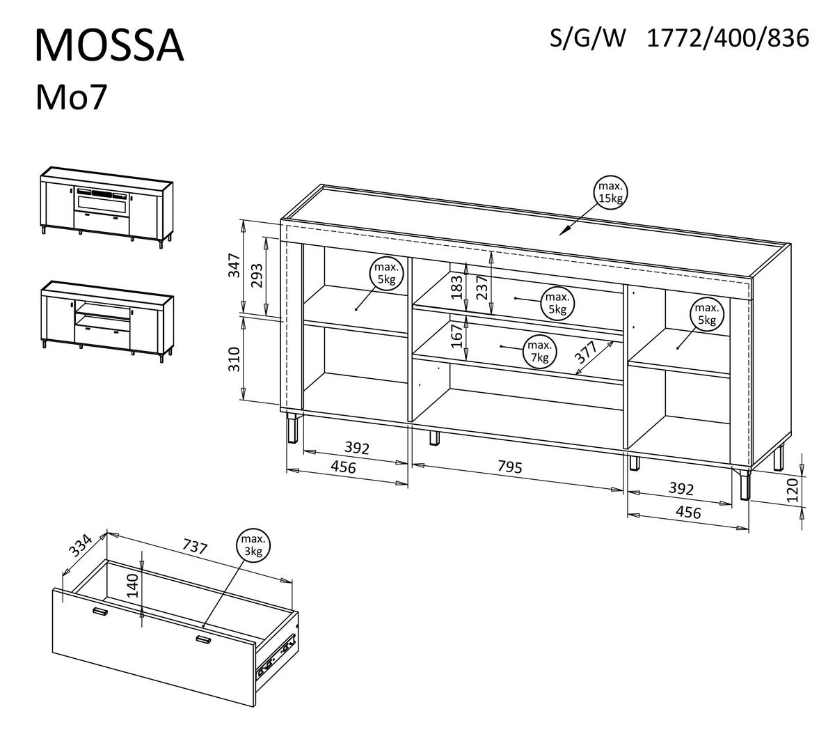 KOMMODE mit Kamin Mossa Weiß, Zweitürige Kommode mit Schubladen und LED - Schwarz/Weiß, Holzwerkstoff (177/84/40cm) - Bettso