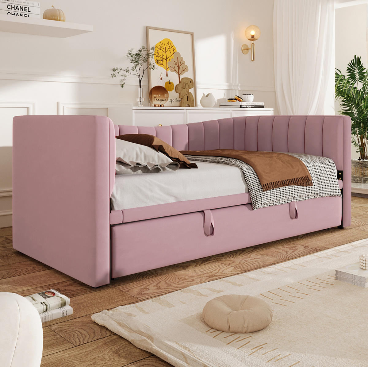 POLSTERBETT 90/200 cm Rosa aus Samt mit Ziehbett - Rosa, Textil (180/200cm) - OKMYHOME