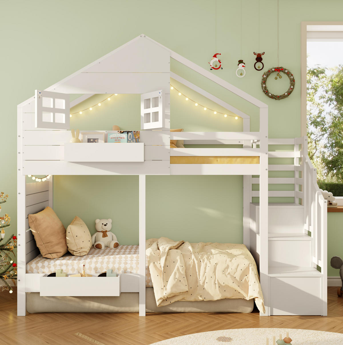 ETAGENBETT 90/200 cm in Weiß aus Kiefer massiv mit Stauraumtreppe - Weiß, Holzwerkstoff (90/200cm) - OKMYHOME