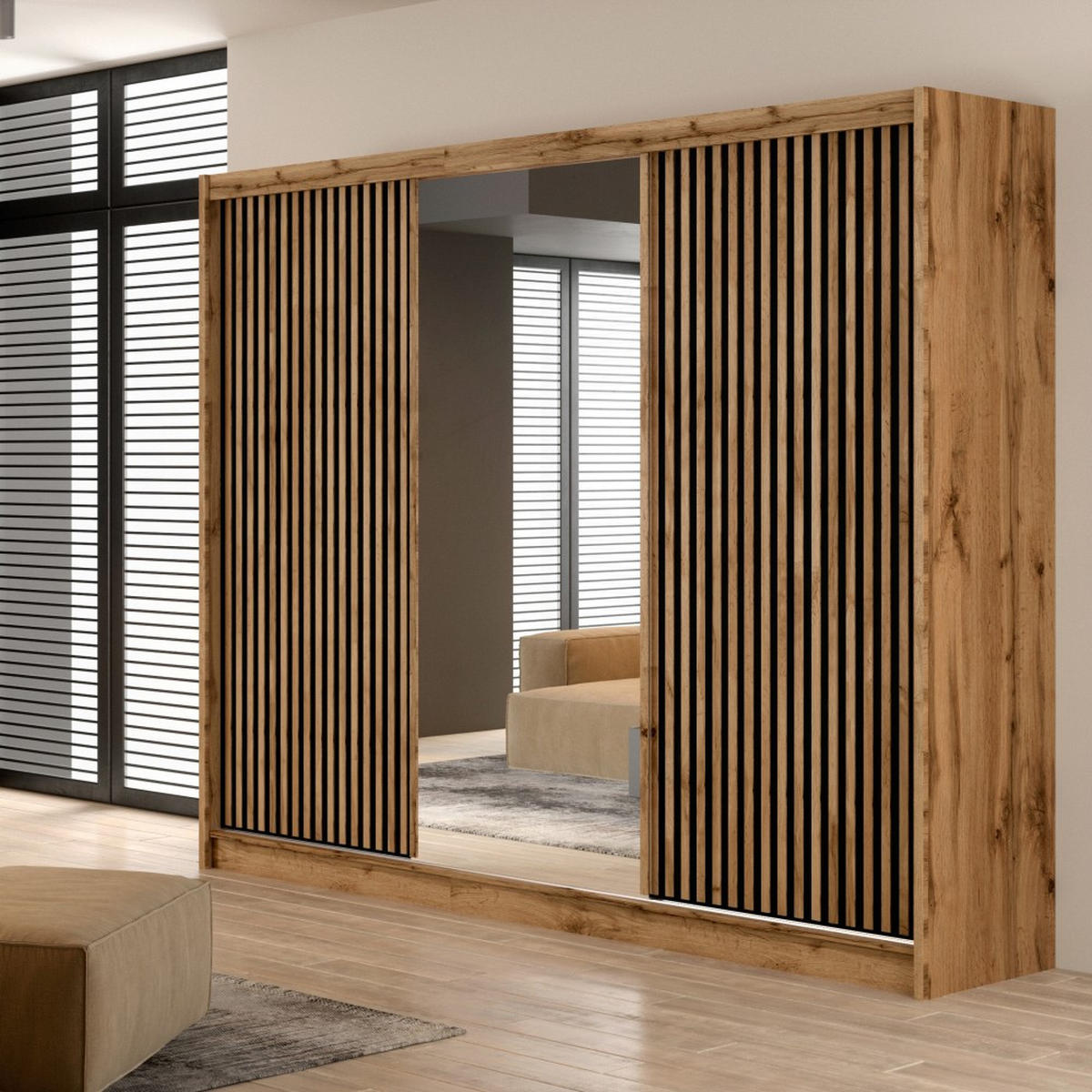 SCHWEBETÜRENSCHRANK Leroy mit Spiegel und Lamellen, 250 cm, Schwarz+eiche Wotan - Eiche Wotan/Schwarz, Holzwerkstoff (250/215/60.5cm) - Beautysofa