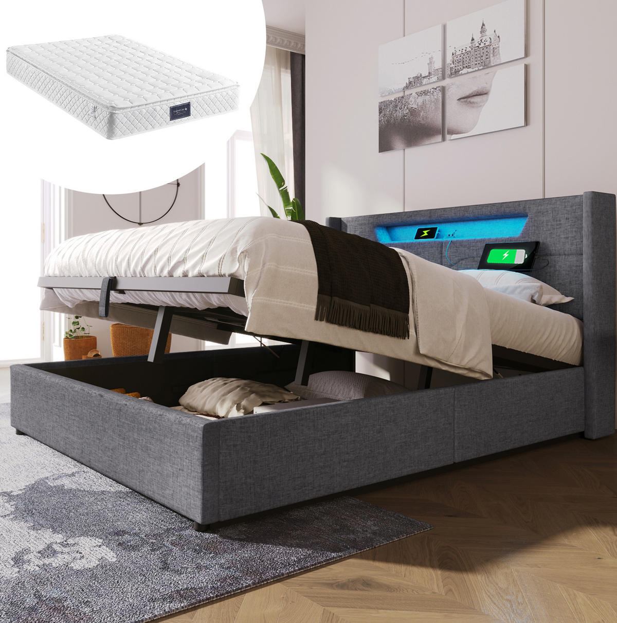 POLSTERBETT mit LED, USB und Stauraum 160x200 cm Leinen Grau inkl. Matratze - Grau, Metall (160/200cm) - Meubliv