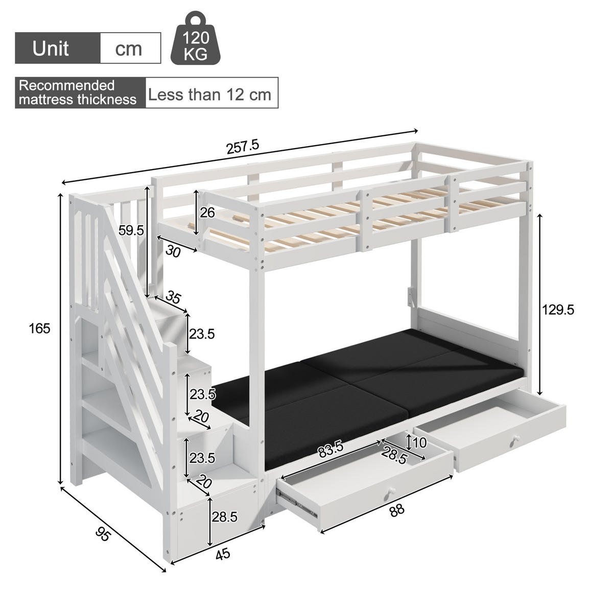 ETAGENBETT 90/200 cm mit Sofa, Treppenschrank und 2 Schubladen, Weiß - Weiß, Holzwerkstoff (90/200cm) - Redom