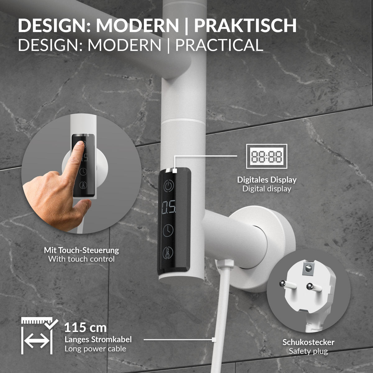 HANDTUCHWÄRMER Elektrisch Weiß 75W 450x622 mm 180° drehbar - Weiß, Metall (45/62.2/3cm) - LuxeBath