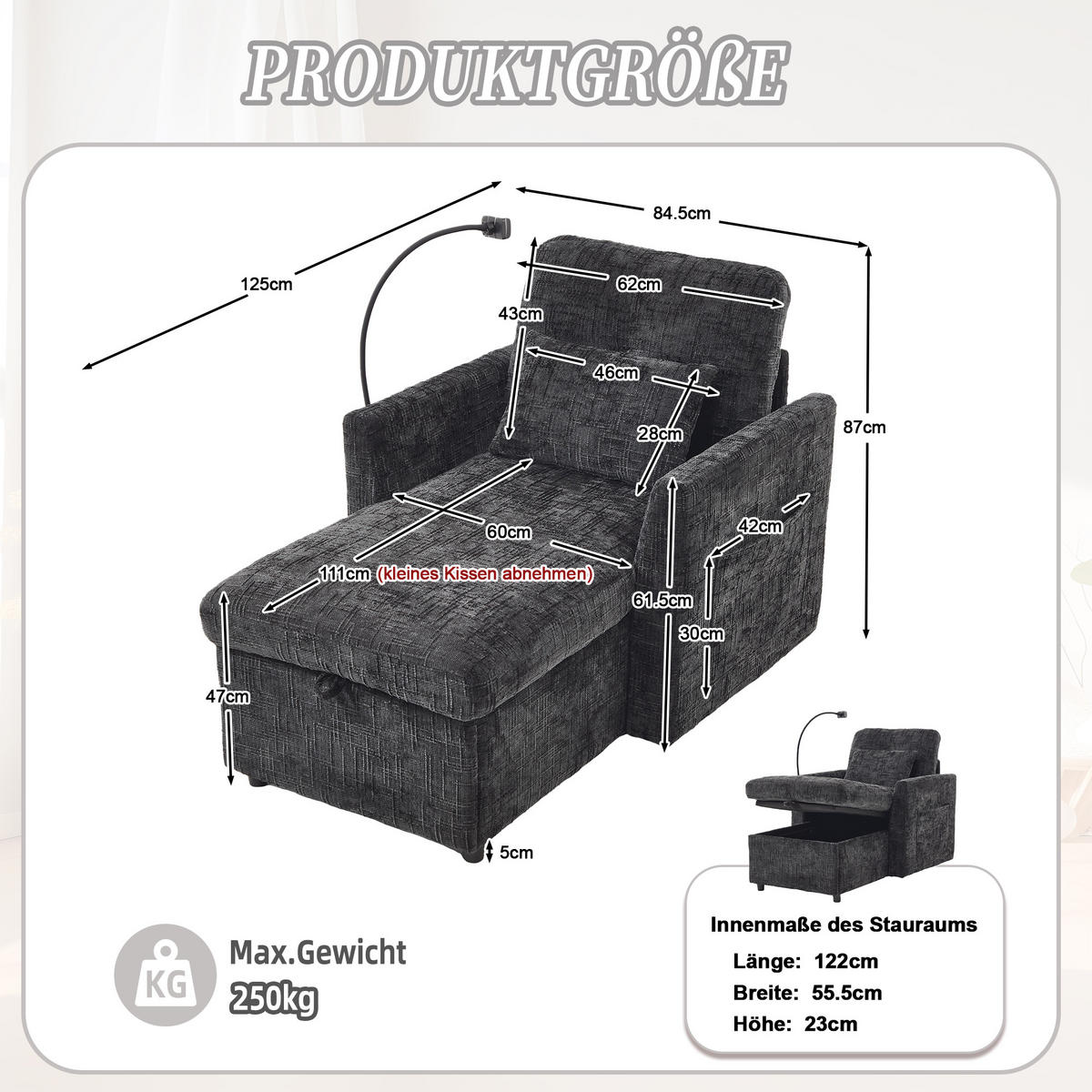 LOUNGESESSEL Chenille mit Handyständer und Stauraum 125/84,5/87 cm Schwarz - Schwarz, Textil (84.5/87/125cm) - Redom