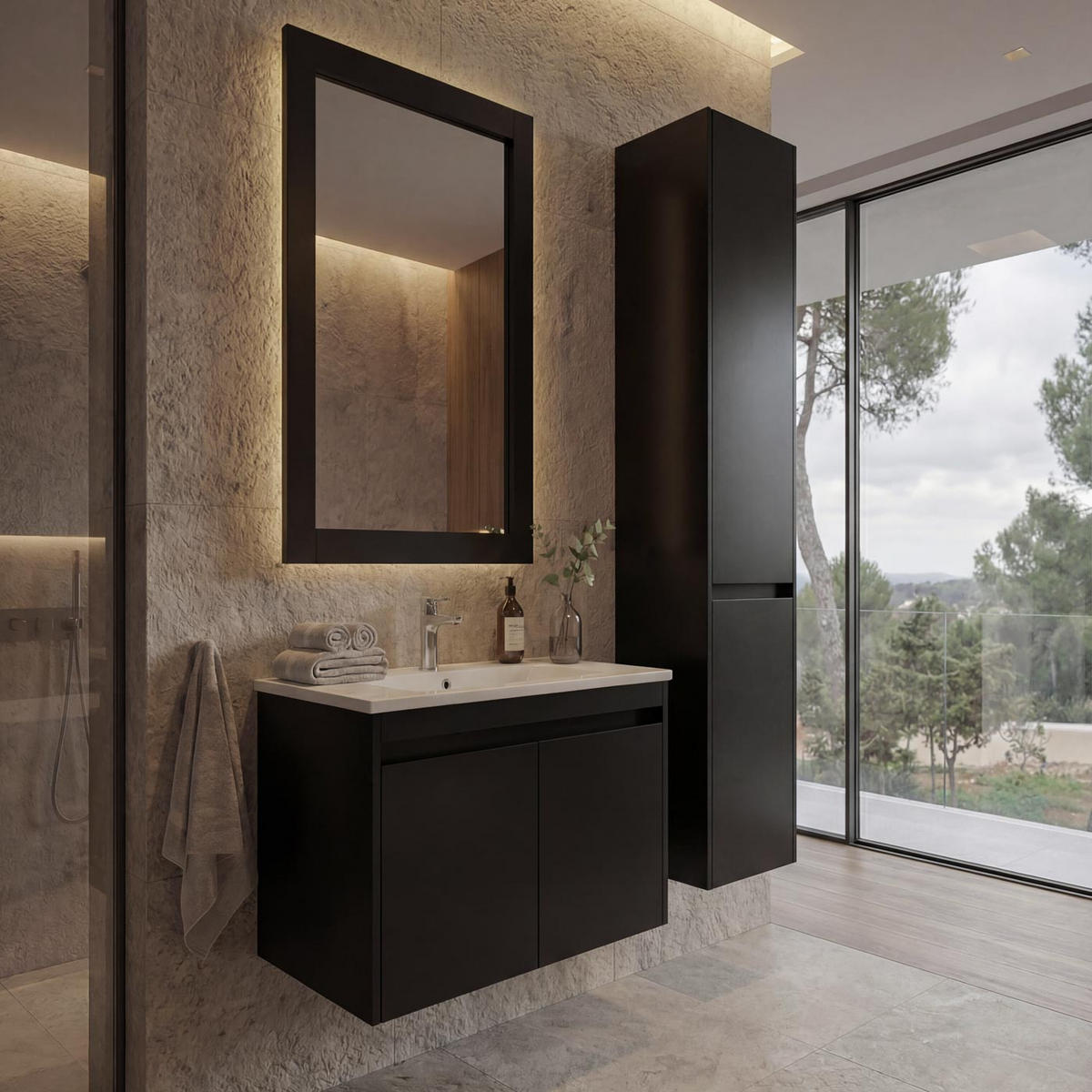 BADEZIMMERSET Schwarz 4er-Set - Schwarz, Holzwerkstoff (100/160/46cm) - MCW