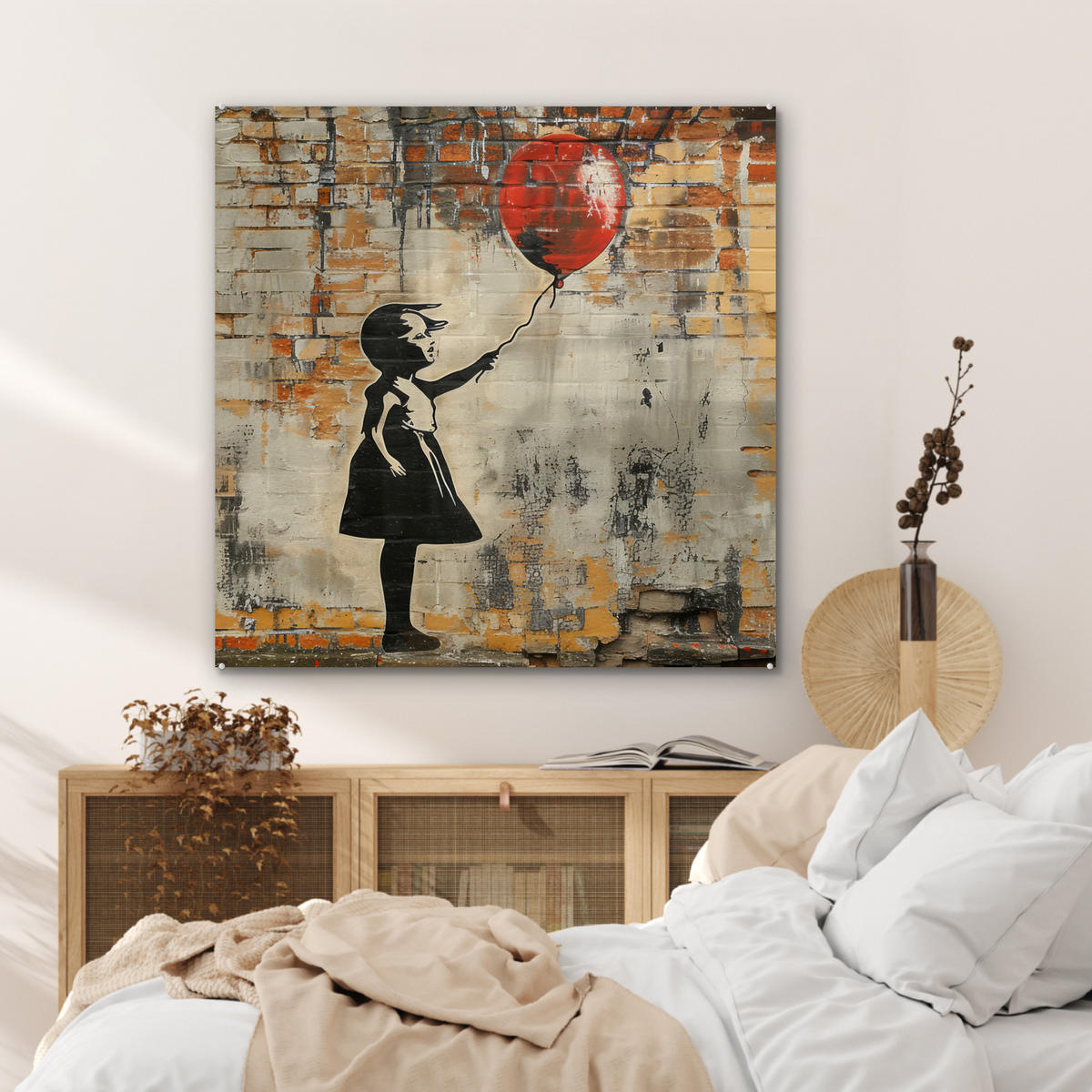 ACRYLGLASBILD Graffiti - Banksy - Mädchen - Straßenkunst 90x90 cm - Sandfarben, Glas (90/90cm) - MuchoWow