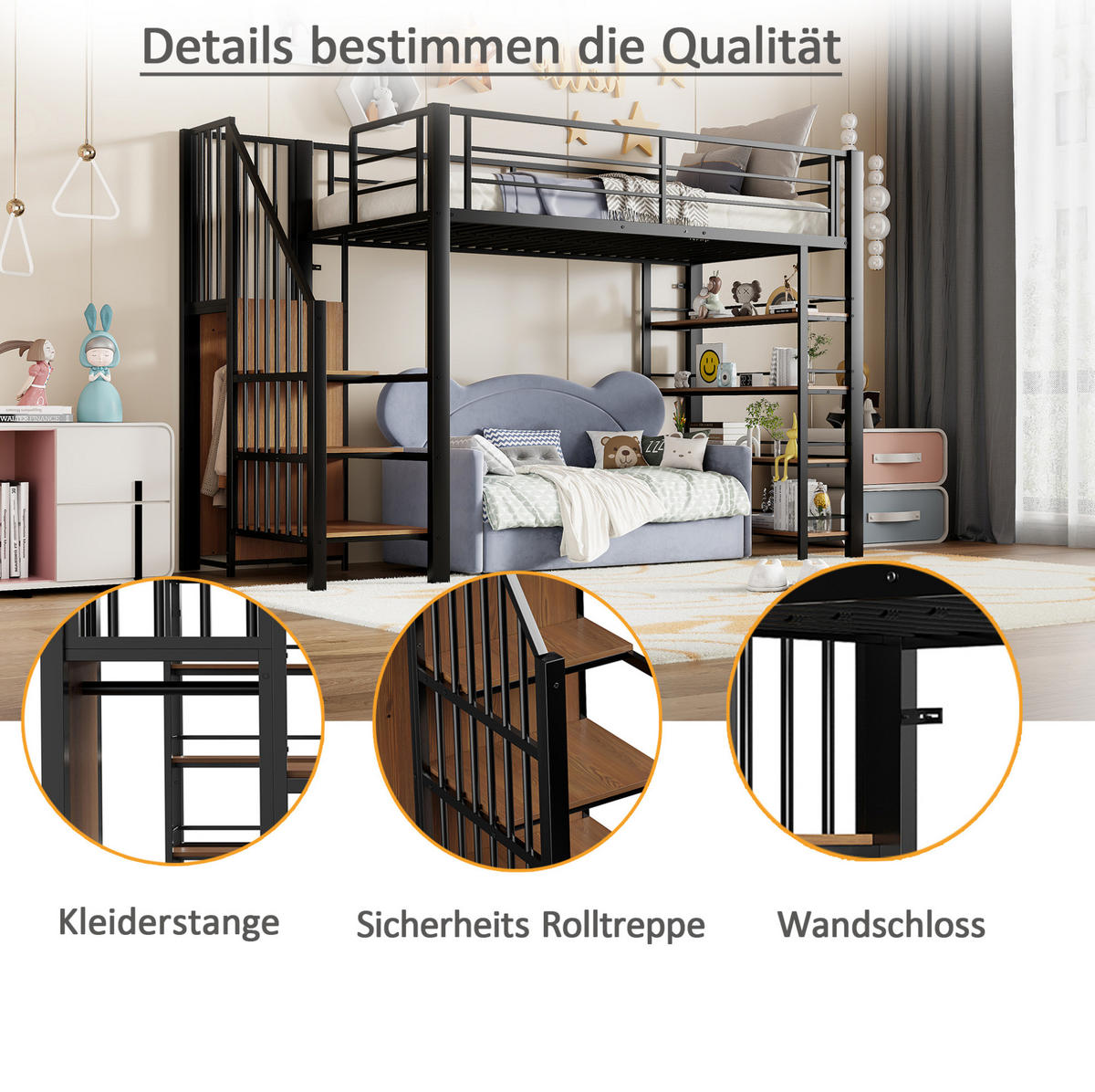 HOCHBETT 90/200 cm aus Metall mit Treppe, Stauraum und Kleiderstange Schwarz - Schwarz, Metall (90/200cm) - Modenvie
