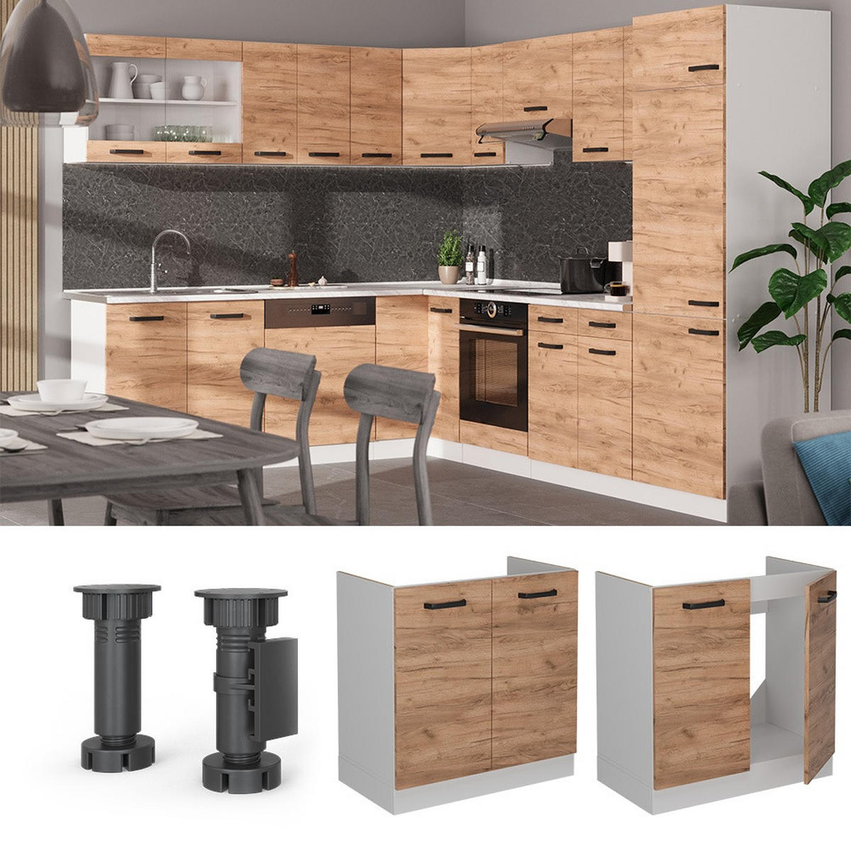 DISKBÄNKSSKÅP R-Line Goldkraft ek 80 cm utan bänkskiva - Vit/Honungsek, Träbaserade material (80/81.6/46cm) - Vicco