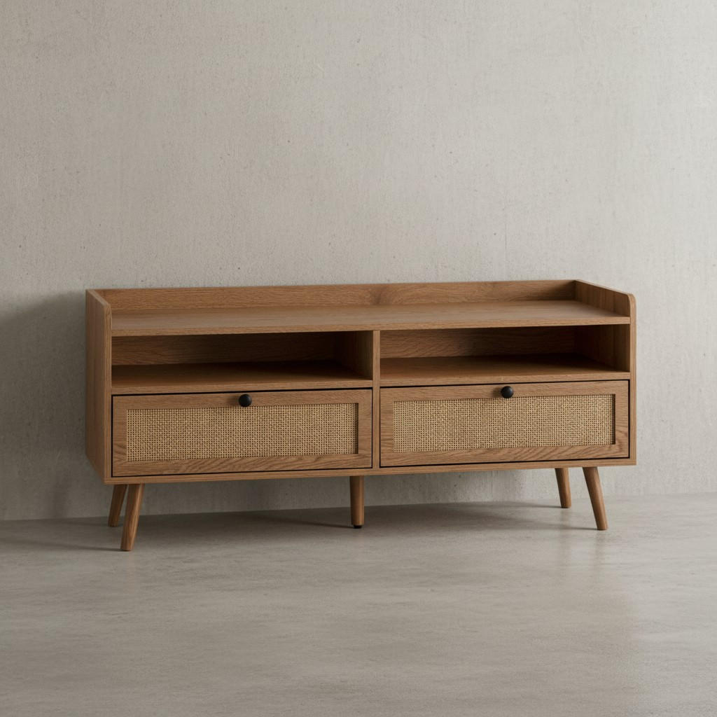 LOWBOARD Eiche-Dekor Rattan Modern Stil 120x56x39 cm mit Schubladen - Eichefarben/Braun, Holz (120/56/39cm) - KADIMA DESIGN