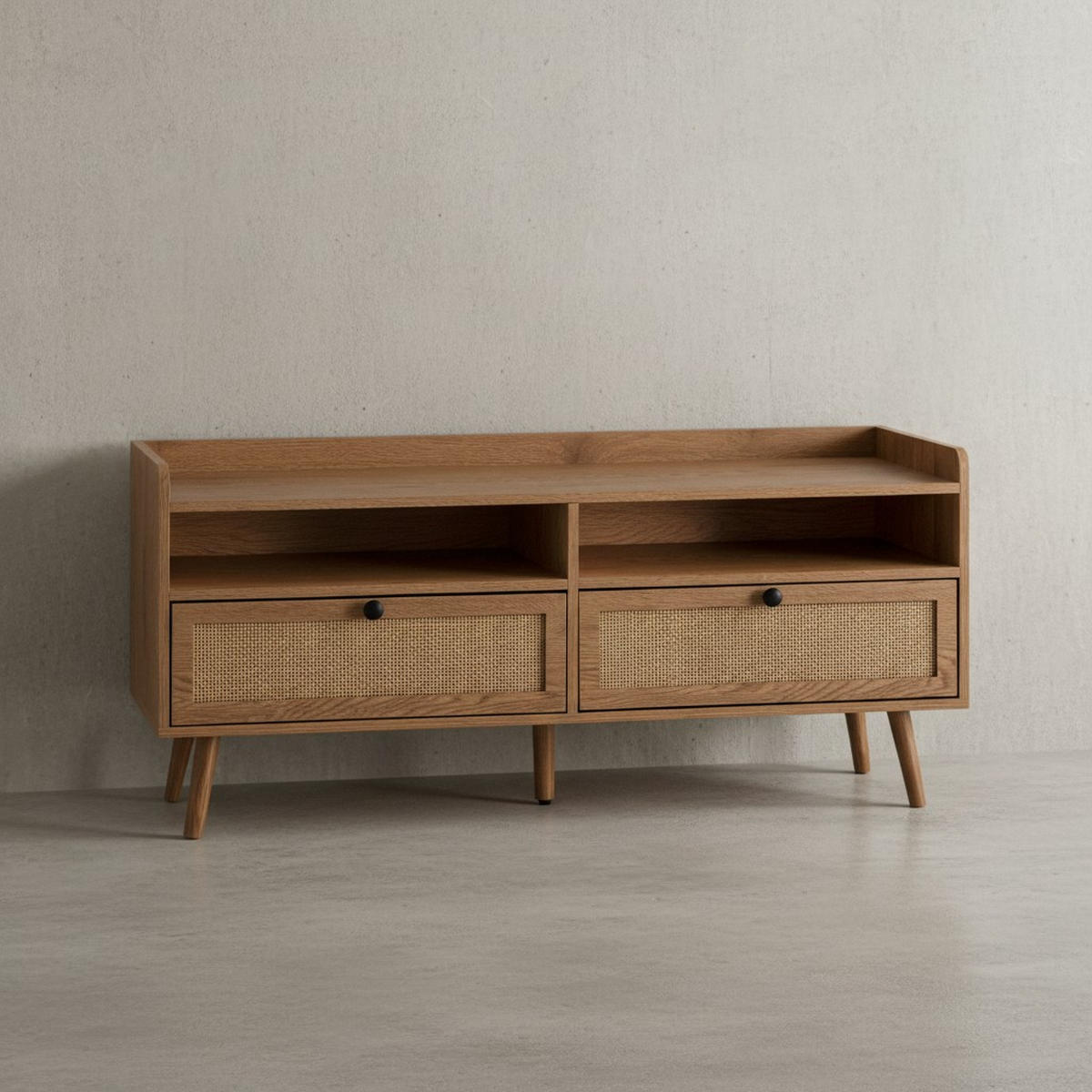 LOWBOARD Eiche-Dekor Rattan Modern Stil 120x56x39 cm mit Schubladen - Eichefarben/Braun, Holz (120/56/39cm) - KADIMA DESIGN