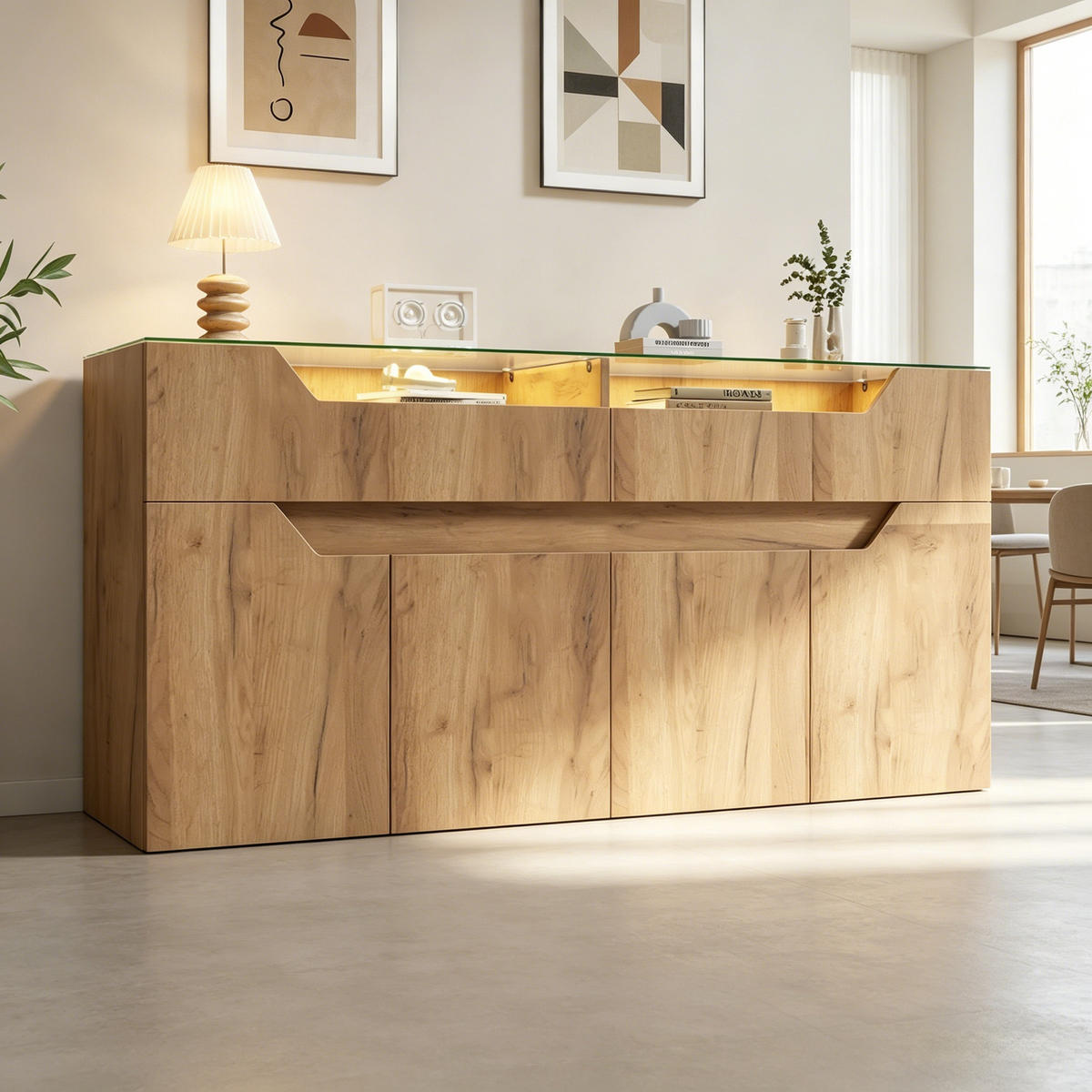 SIDEBOARD Naturholzoptik aus MDF mit gehärteter Glasplatte und App-gesteuerter USB-LED 140 × 40 × 70 cm - Naturfarben, Holzwerkstoff (140/70/40cm) - Luhomfu