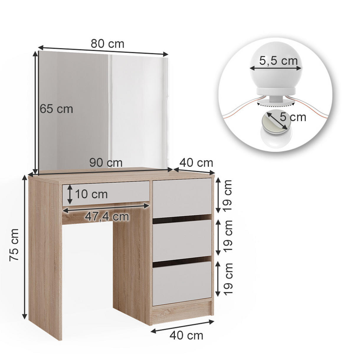 SCHMINKTISCH Sherry Sonoma 90 cm mit LED Beleuchtung - Weiß/Sonoma Eiche, Holzwerkstoff (90/75/40cm) - Vicco