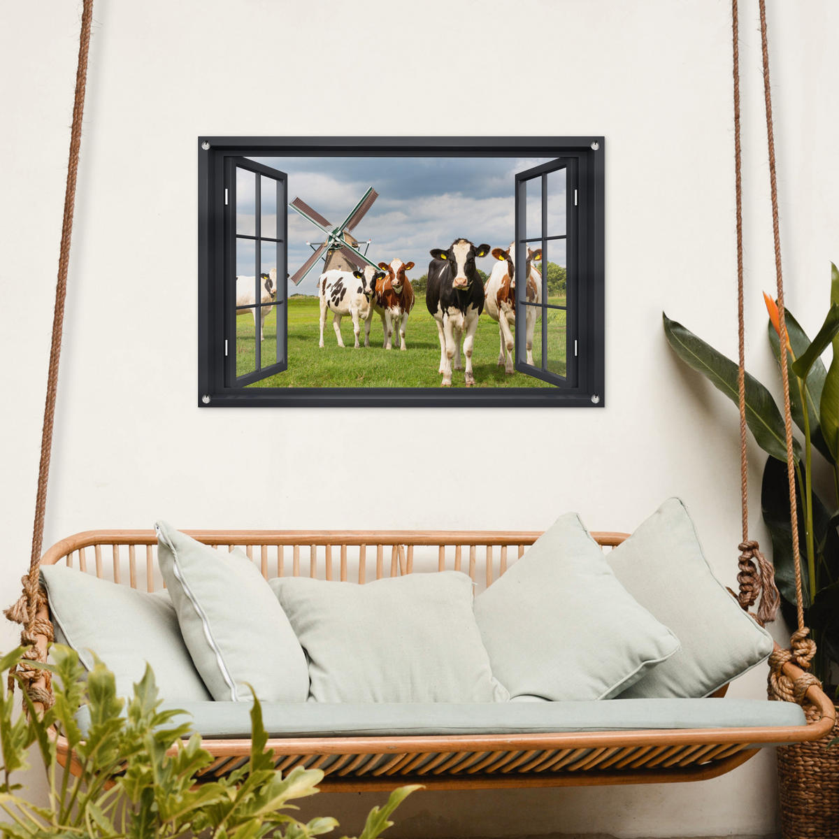 ZAHRADNÍ PLAKÁT Pohled - Kráva - Mlýn - Krávy - Louka - Tráva - Zelená 90x60 cm - antracitová, plast (90/60/0.2cm) - OnlyWow