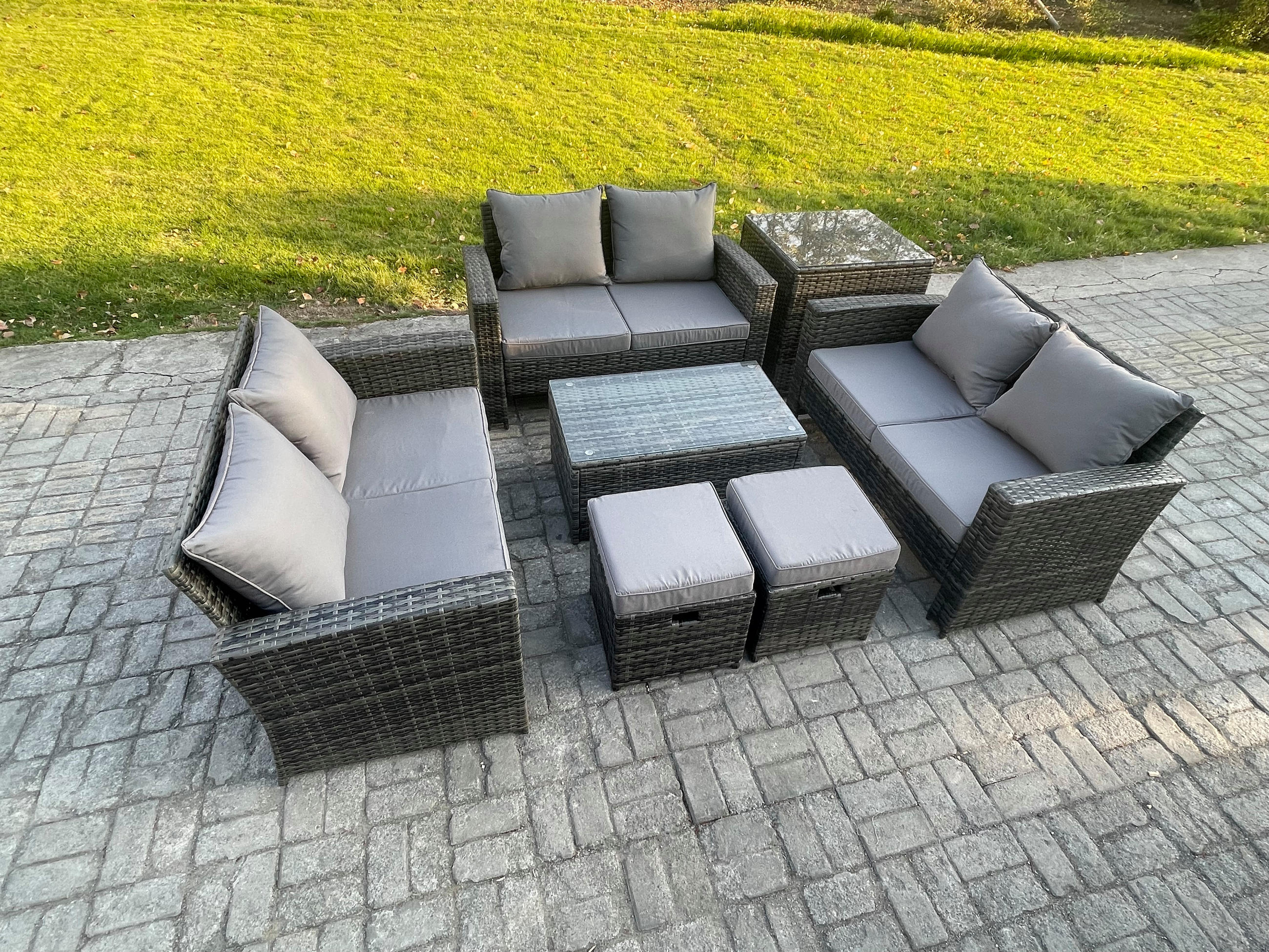 GARTENMÖBEL-SET mit Kissen Polyrattan Dunkelgrau 8-Sitzer - Dunkelgrau, Metall - Fimous