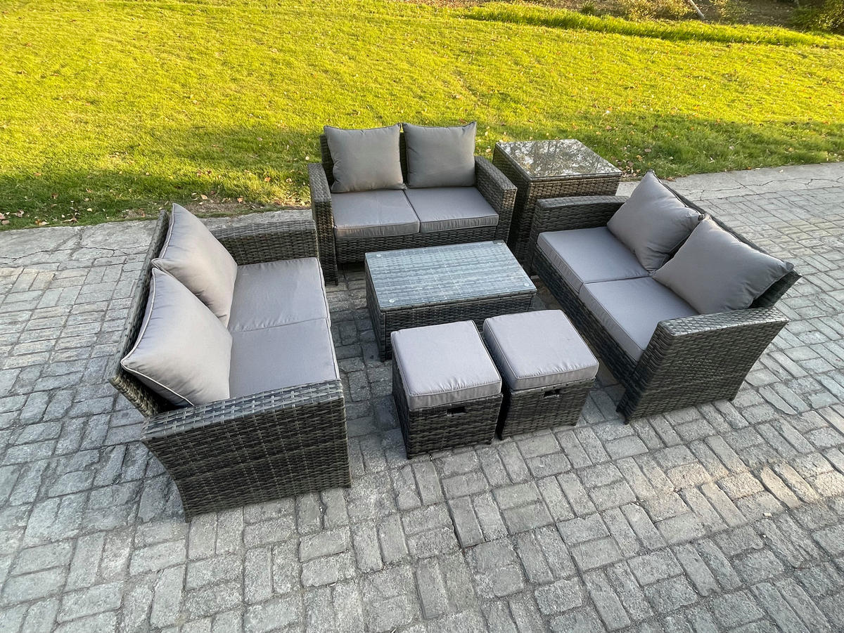 GARTENMÖBEL-SET mit Kissen Polyrattan Dunkelgrau 8-Sitzer - Dunkelgrau, Metall - Fimous