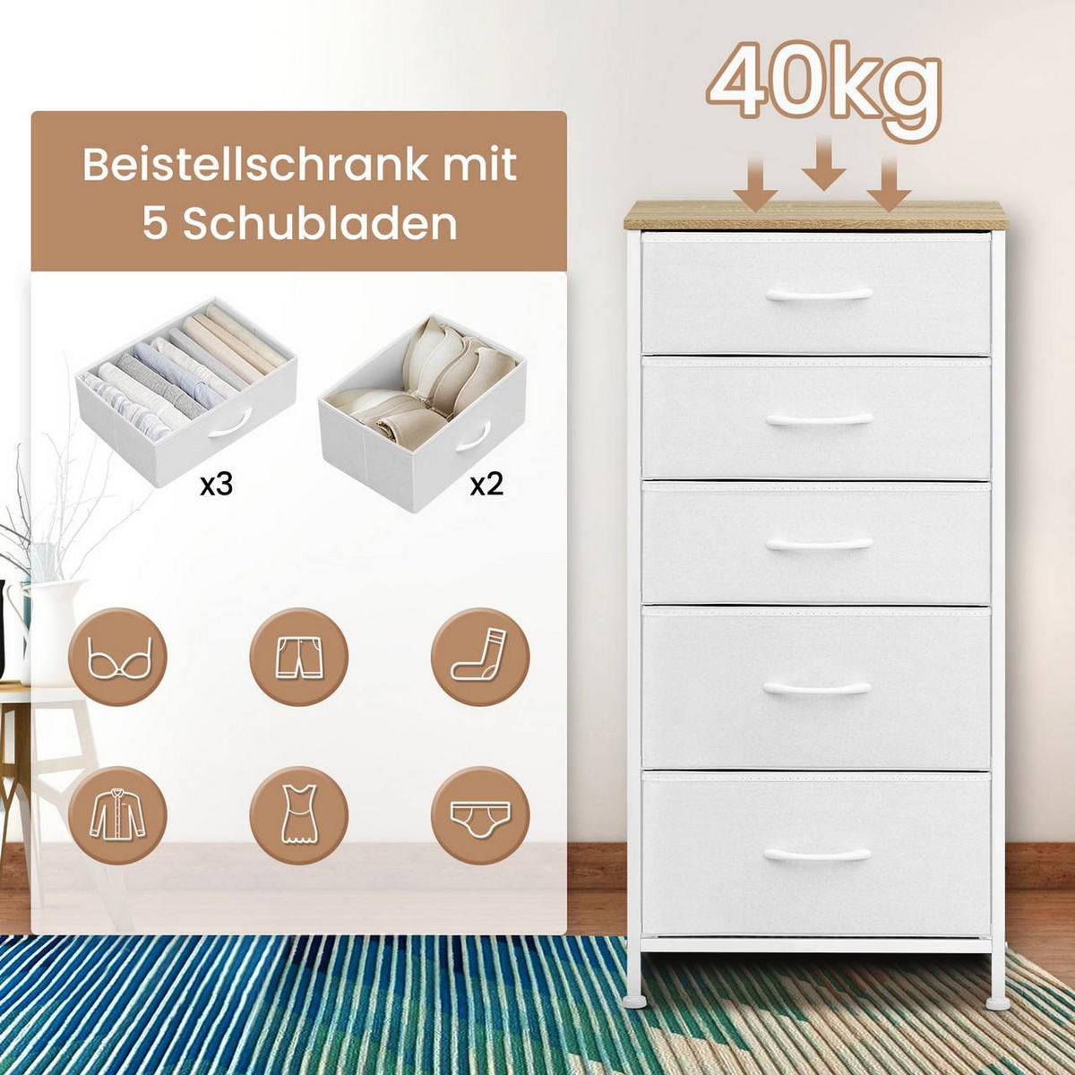KOMMODE mit 5 Schubladen, aus Holzwerkstoff, Weiß - Weiß, Holzwerkstoff/Textil (45.5/95.5/30cm) - Woltu