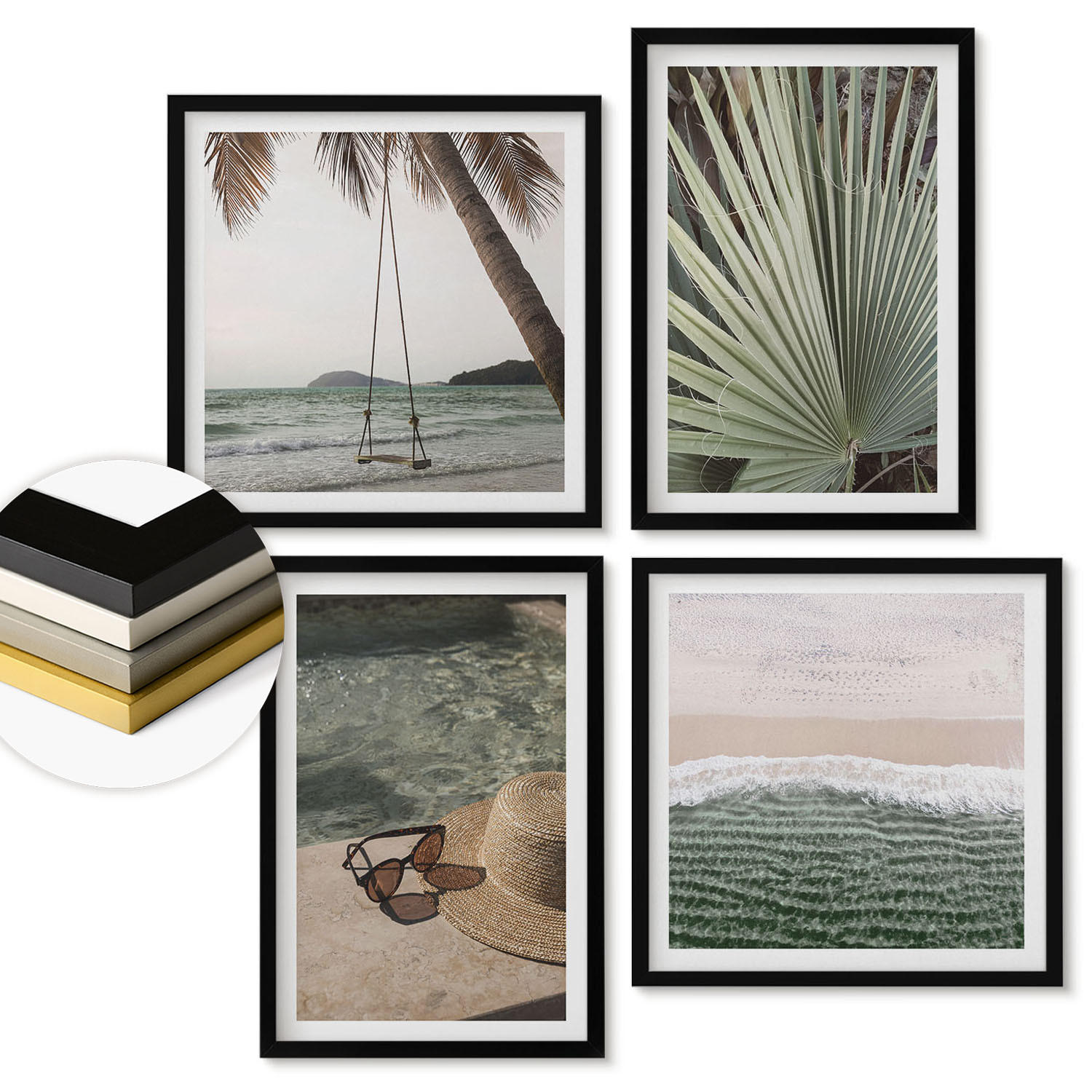 WANDBILDER 4er-Set - 50x50 cm & 40x60 cm Schwarzer Rahmen - Strandschaukel-Blätterurlaub - Schwarz, Kunststoff (50/50cm) - ArtPrintCave