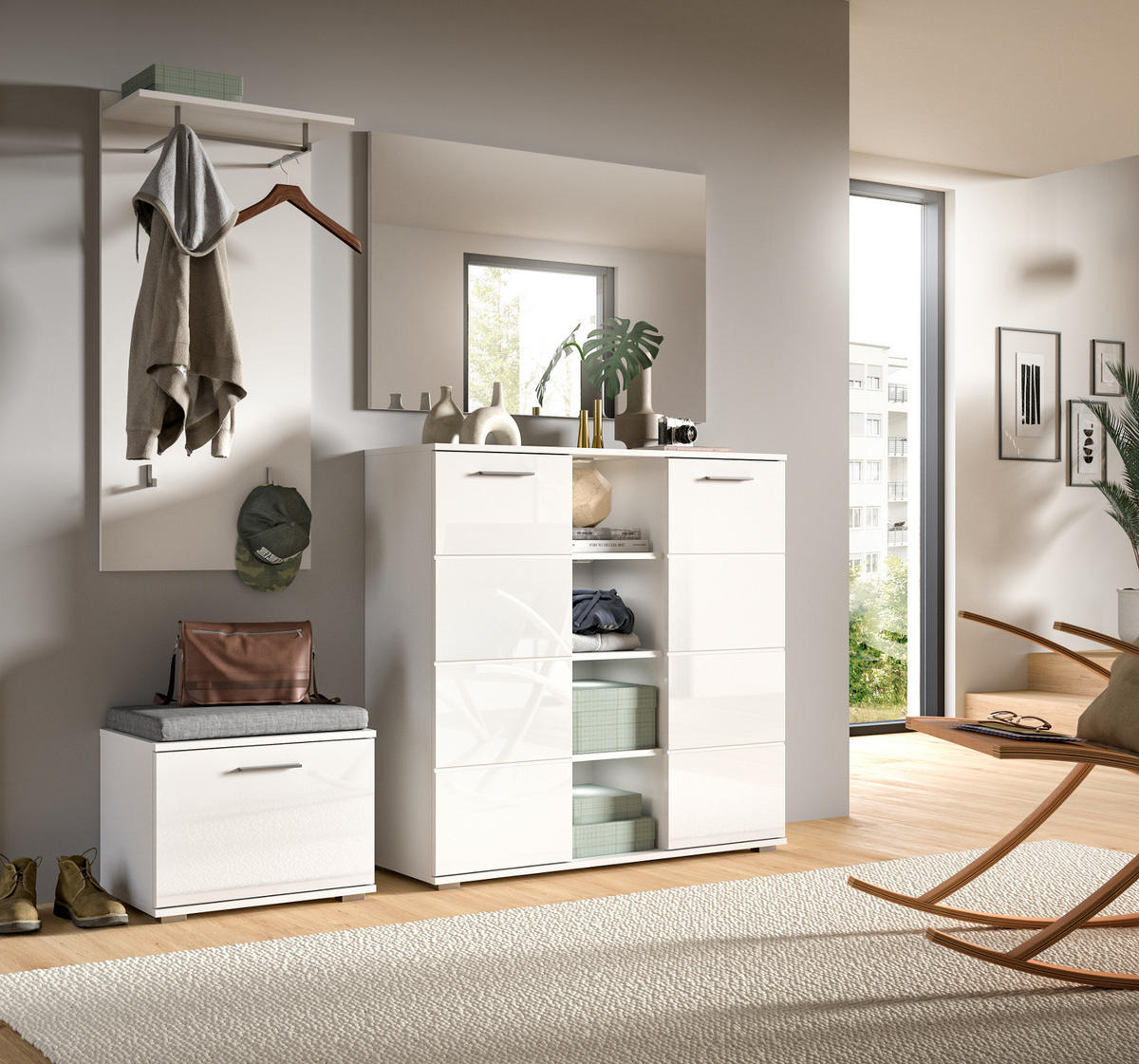 GARDEROBE Set 4-teilig weiß Hochglanz, Garderobenkombination mit viel Stauraum - Weiß Hochglanz/Silberfarben, Glas/Holzwerkstoff (180/191/37cm) - Inn.Furn