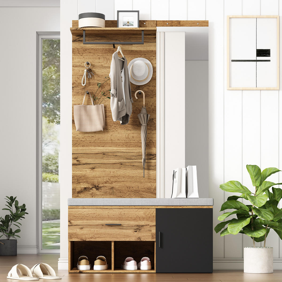 GARDEROBENSET 190Cm Spiegel Schuhbank Holzoptik - Naturfarben, Holzwerkstoff (39/190/104cm) - FLIEKS