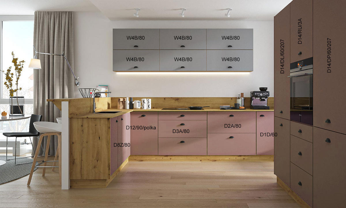 WINKELKÜCHE & KÜCHENBLOCK Bonn eiche artisan matt / rosé kupfer matt & dust grey matt 15-teilig - Rosa/Grau, Holzwerkstoff/Metall (310/207/170cm) - Feldmann-Wohnen