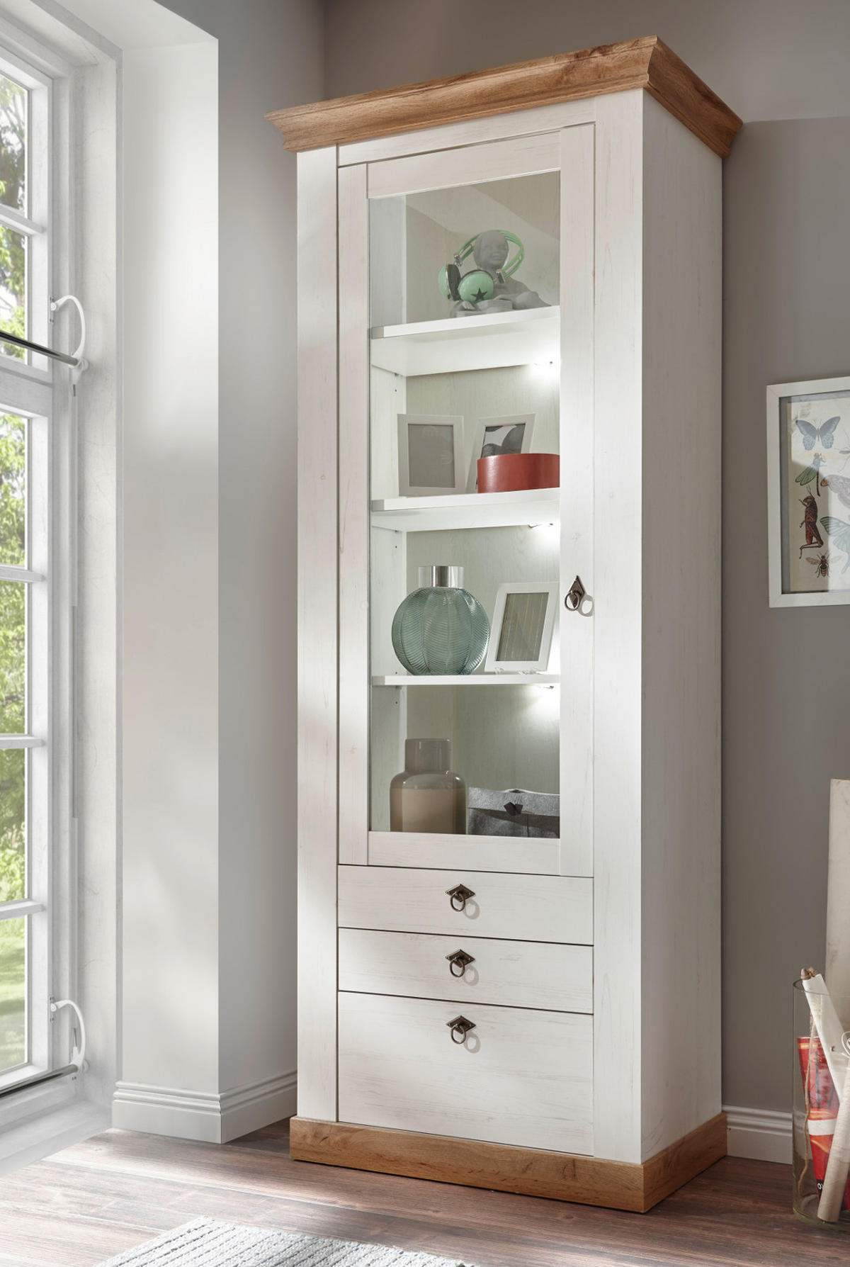 VITRINE weiß Pinie, Eiche 82 cm, Vitrinenschrank im Landhaus-Stil - Silberfarben/Eiche Wotan, Holzwerkstoff/Metall (82/204/44cm) - Furn.Design